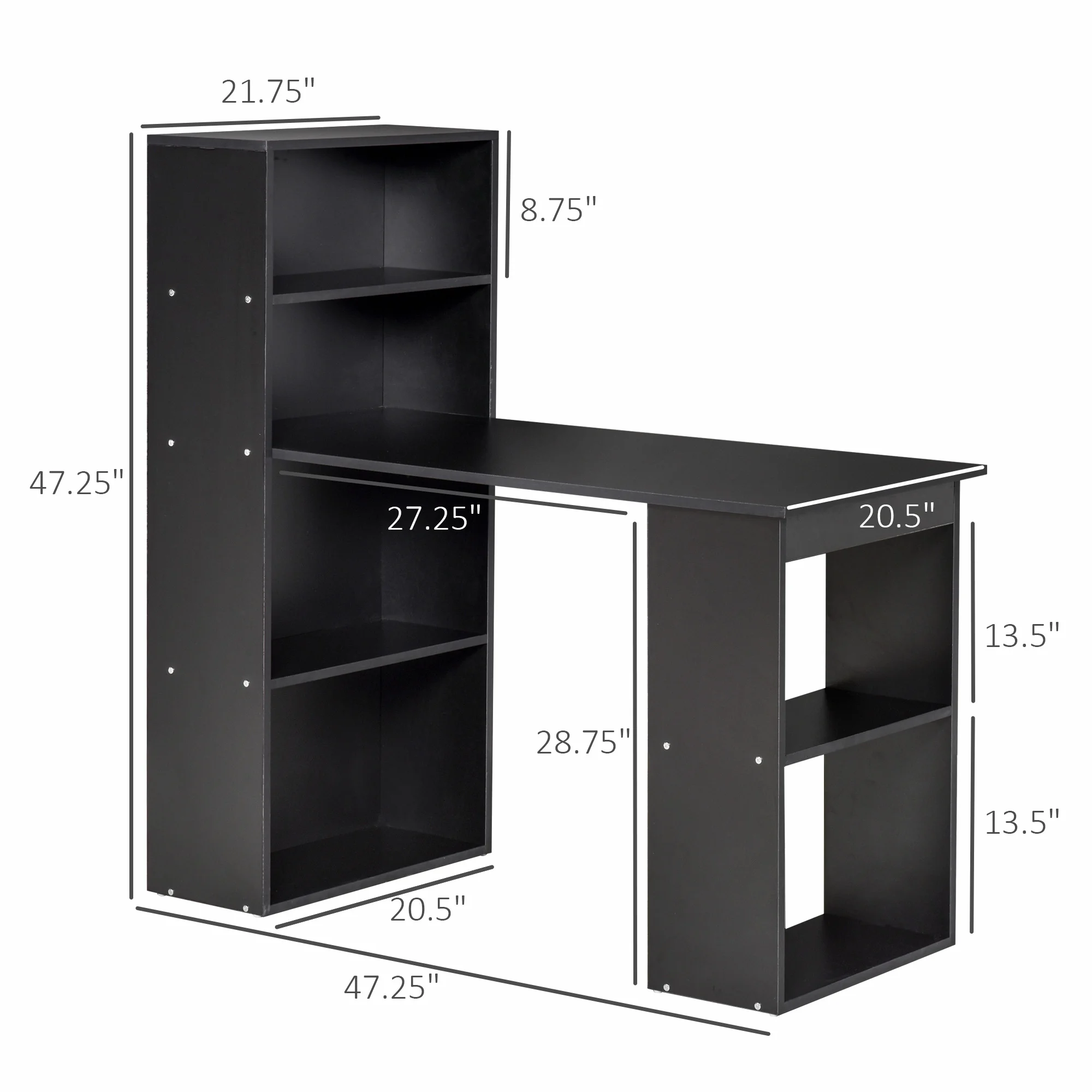 HOMCOM Modern Compact Computer Desk with 6-Tier Storage Shelves, Writing Table Workstation with Bookshelf for Home Office, Gray