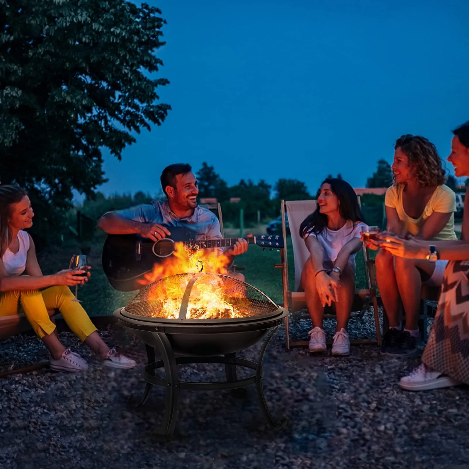 KingSo 22 inch Wood Burning Fire Pit for Camping Picnic Bonfire Patio Outside Backyard Garden Small Bonfire Pit Steel Firepit Bowl with Spark Screen, Log Grate, Poker