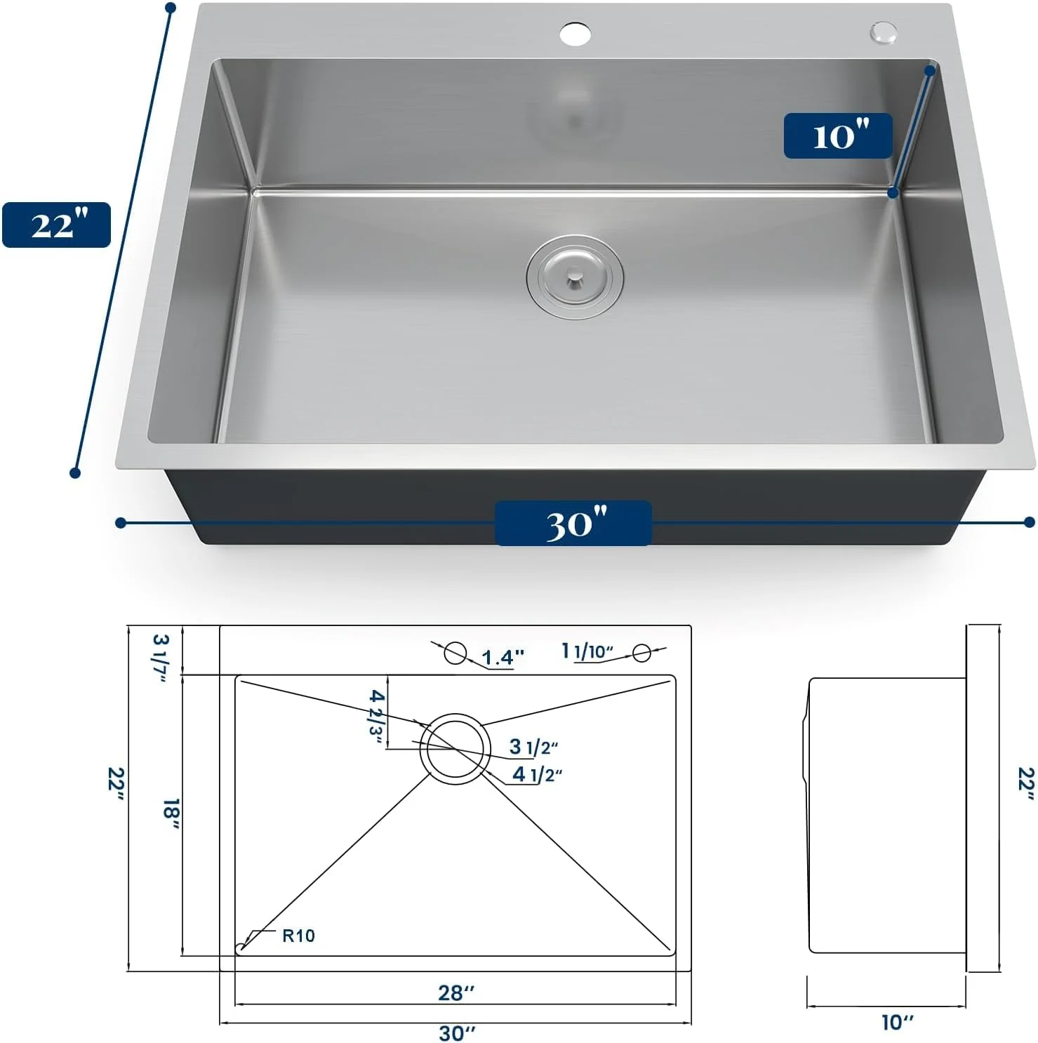 Kitchen Sink,Drop in Single Bowl Stainless Steel Bar Sink with Cutting Board,Undermount Workstation Kitchen Sink with Accessories