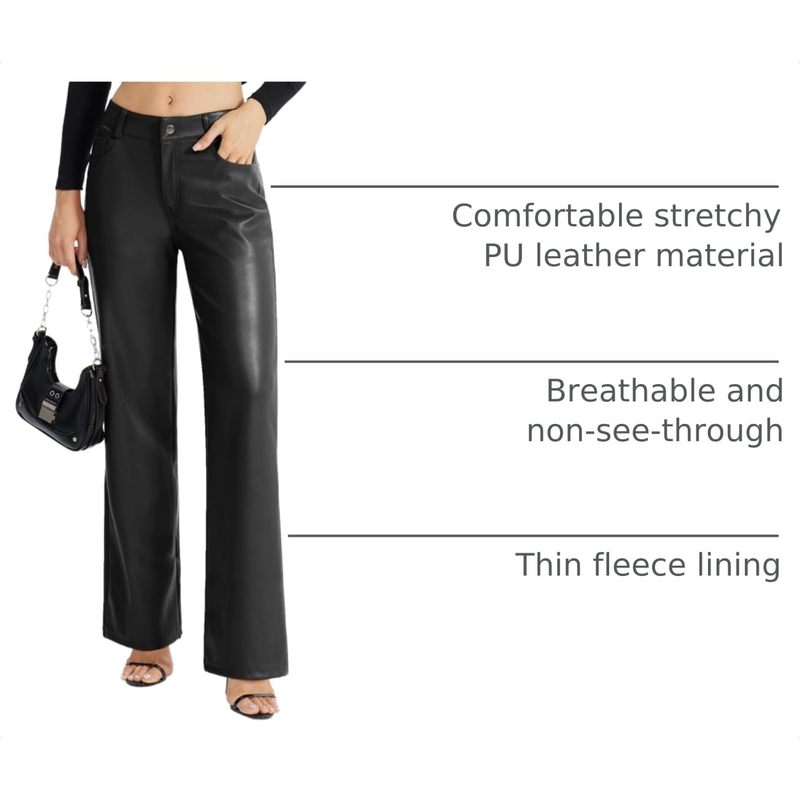 Women's Faux Leather Pants Button Straight Leg PU Jeans with Pockets
