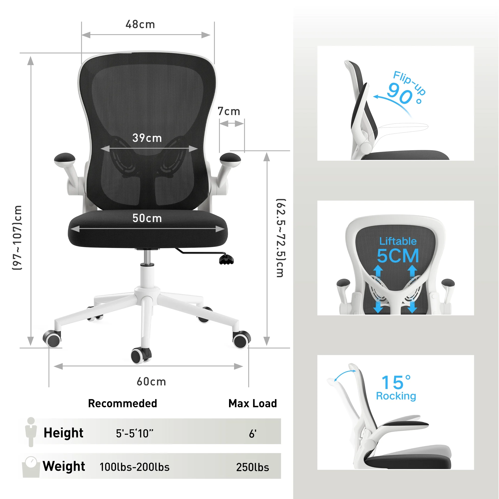 Hbada Office Chair, Ergonomic Desk Chair, Computer Mesh Chair with Lumbar Support and Flip-up Arms, Gray