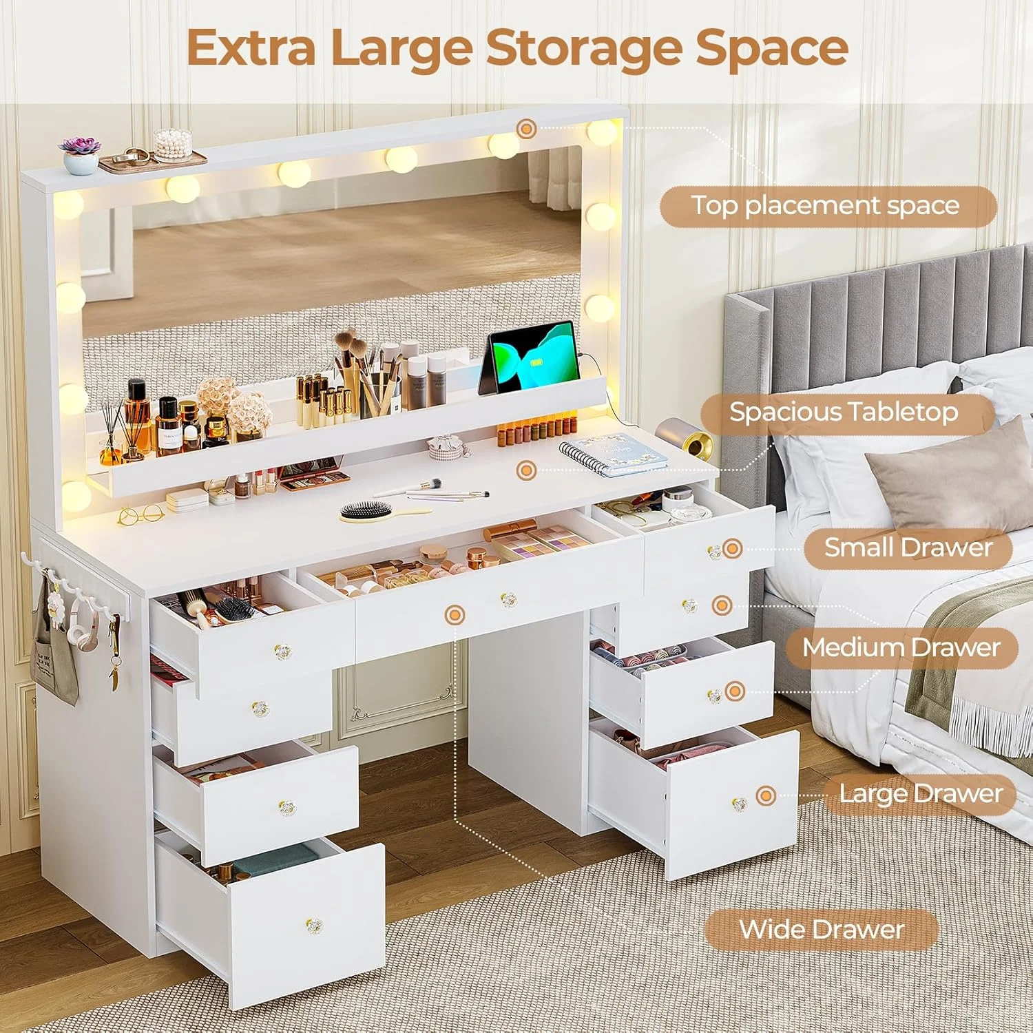 Aunfebrco White Vanity Desk Makeup Vanity Table with Mirror and Lights and Charging Station, Large Dressing Table with Storage Cabinet&6 Drawers&4 Storage Shelves for Bedroom