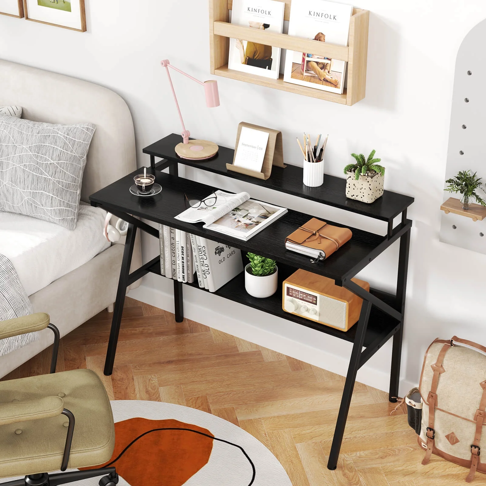 Costway Home Office Desk with Monitor Stand, Open Shelf & Metal Frame, Earphone Hook White