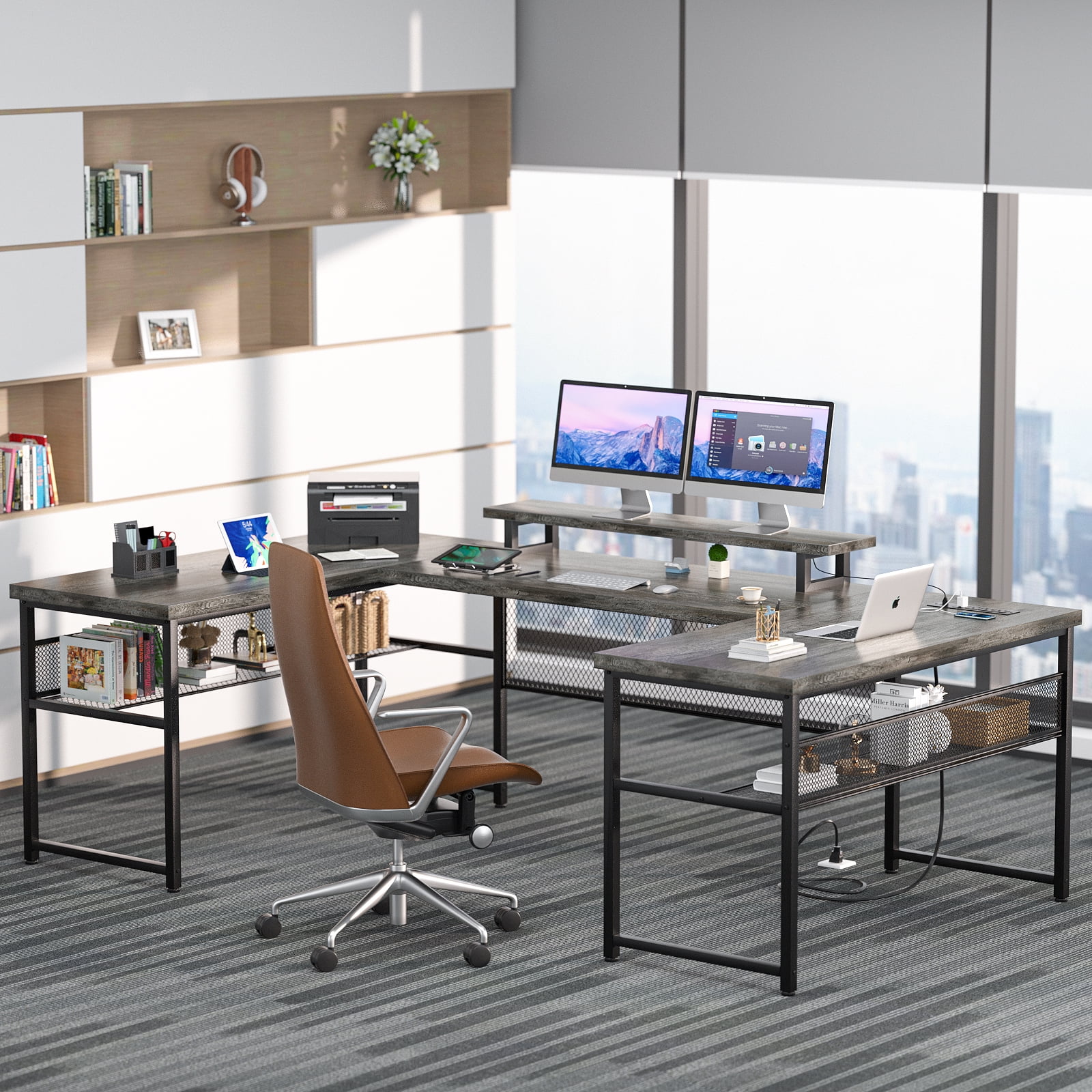 Homieasy U Shaped Desk with Power Outlet and LED Strips, 129.9'' Ergonomic L-Shaped Gaming Desk with Monitor Stand, Reversible Corner Computer Desk with Storage Shelf for Home Office, White Oak