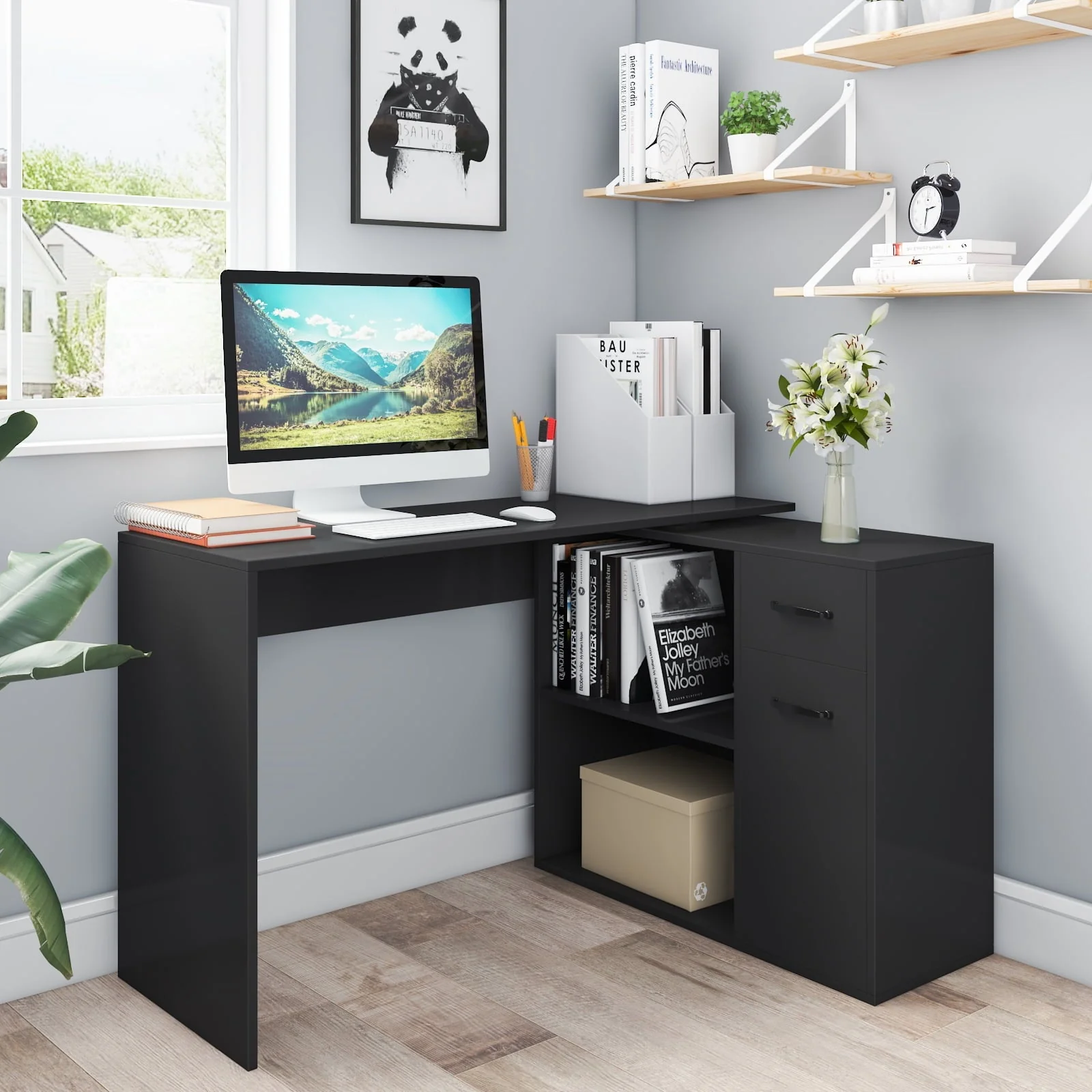 Hoffree 180 Degree Rotating Computer Desk with 2 Open Shelves  68 inch L-Shaped Desk with Drawers & File Cabinet Study Workstation for Home Office & Bedroom, Black/White