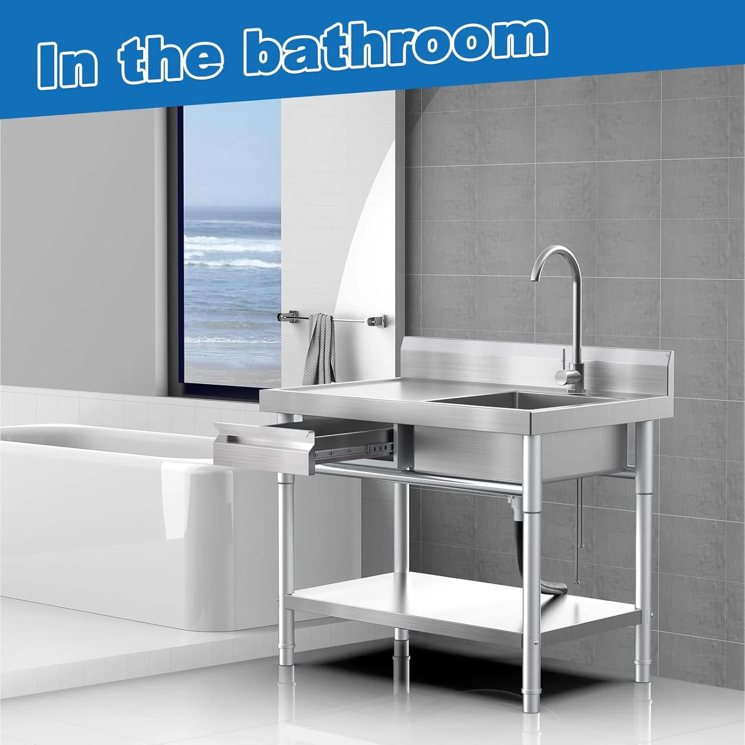 Stainless Steel Utility Sink Freestanding Single Bowl Laundry Sink with Workbench Drawers