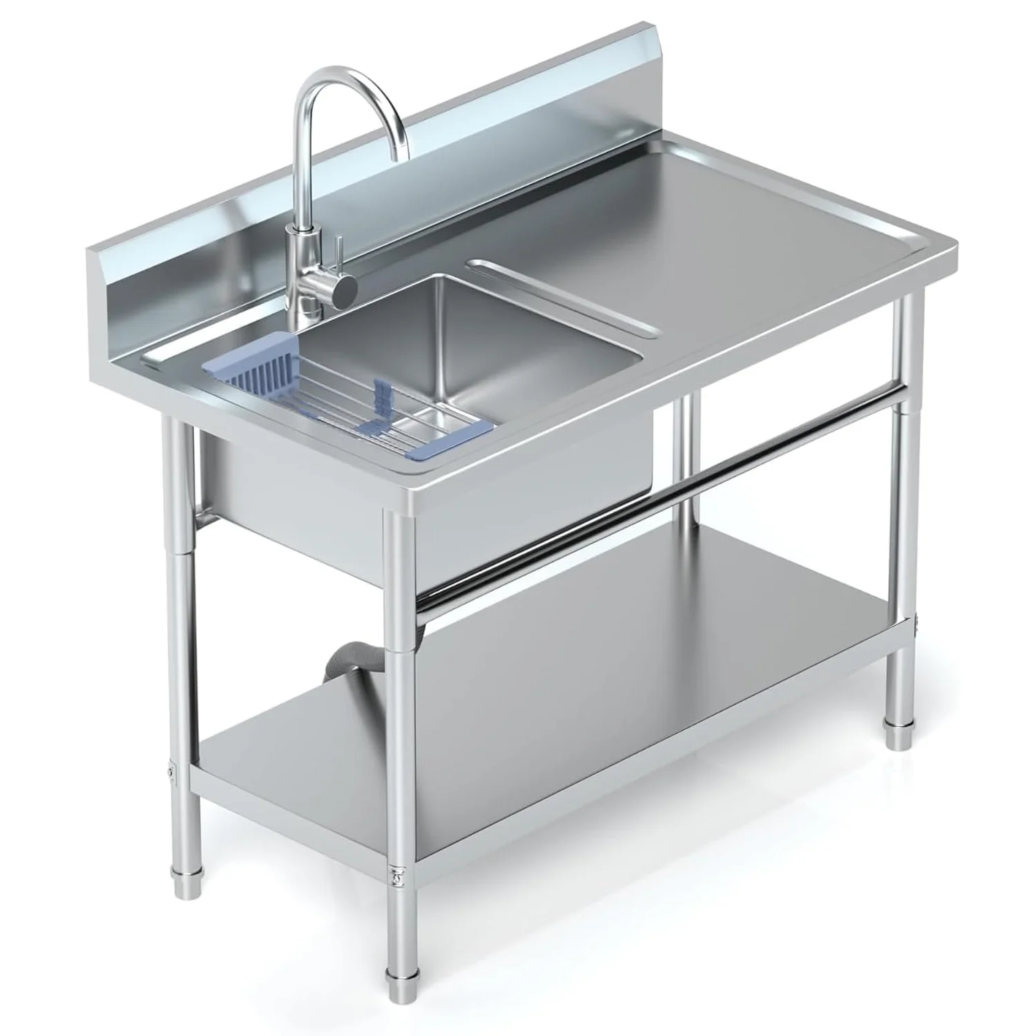 Stainless Steel Utility Sink with Cold and Hot Water Pipes, Free Standing Single Bowl Commercial Kitchen Sink with Workbench,Storage Shelf& Faucet ,For   Kitchen,Bathroom,Farmhouse,Indoor,Outdoor