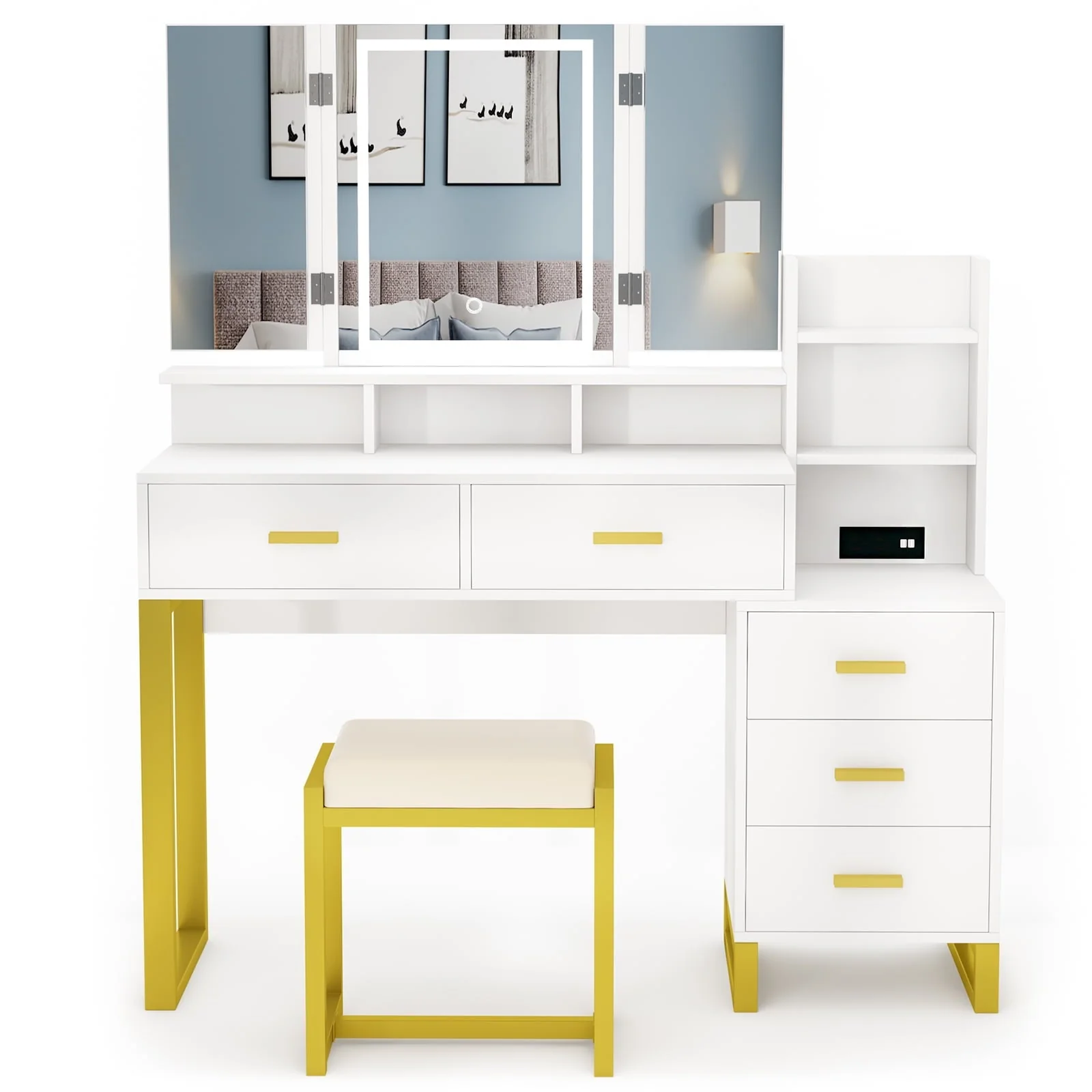 PAKASEPT Vanity Set with Tri-Fold Makeup Mirror, Large Vanity Desk Makeup Vanity with 3-Color Adjustable Touch Light, Charging Station, 5 Drawers, Storage Shelves&Cushioned Stool for Bedroom, White