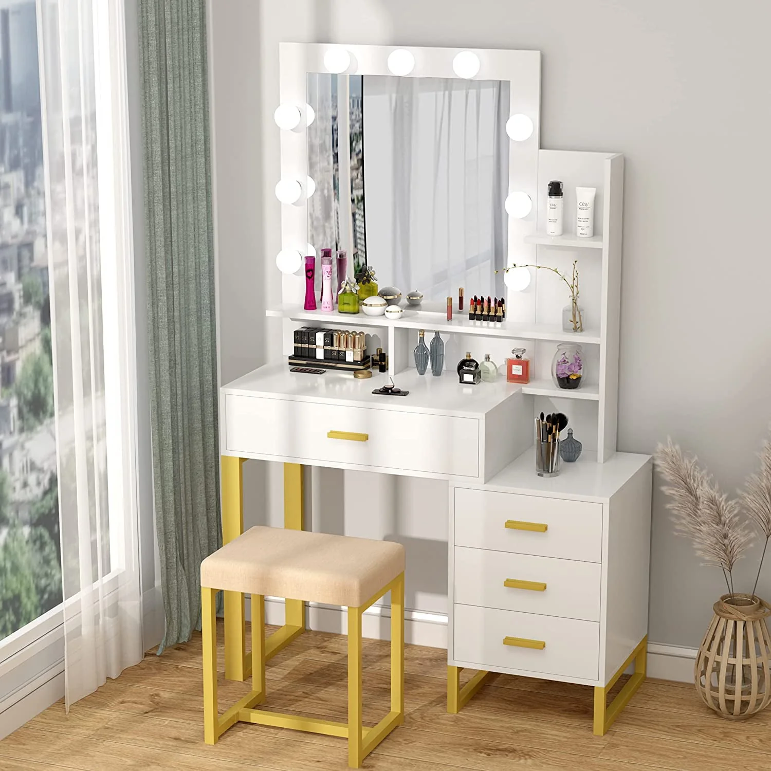 Pakasept Vanity Set with Lighted Mirror, Makeup Vanity Dressing Table with LED Light, Drawers, Storage Shelves and Cushioned Stool, Small Vanity Desk for Bedroom