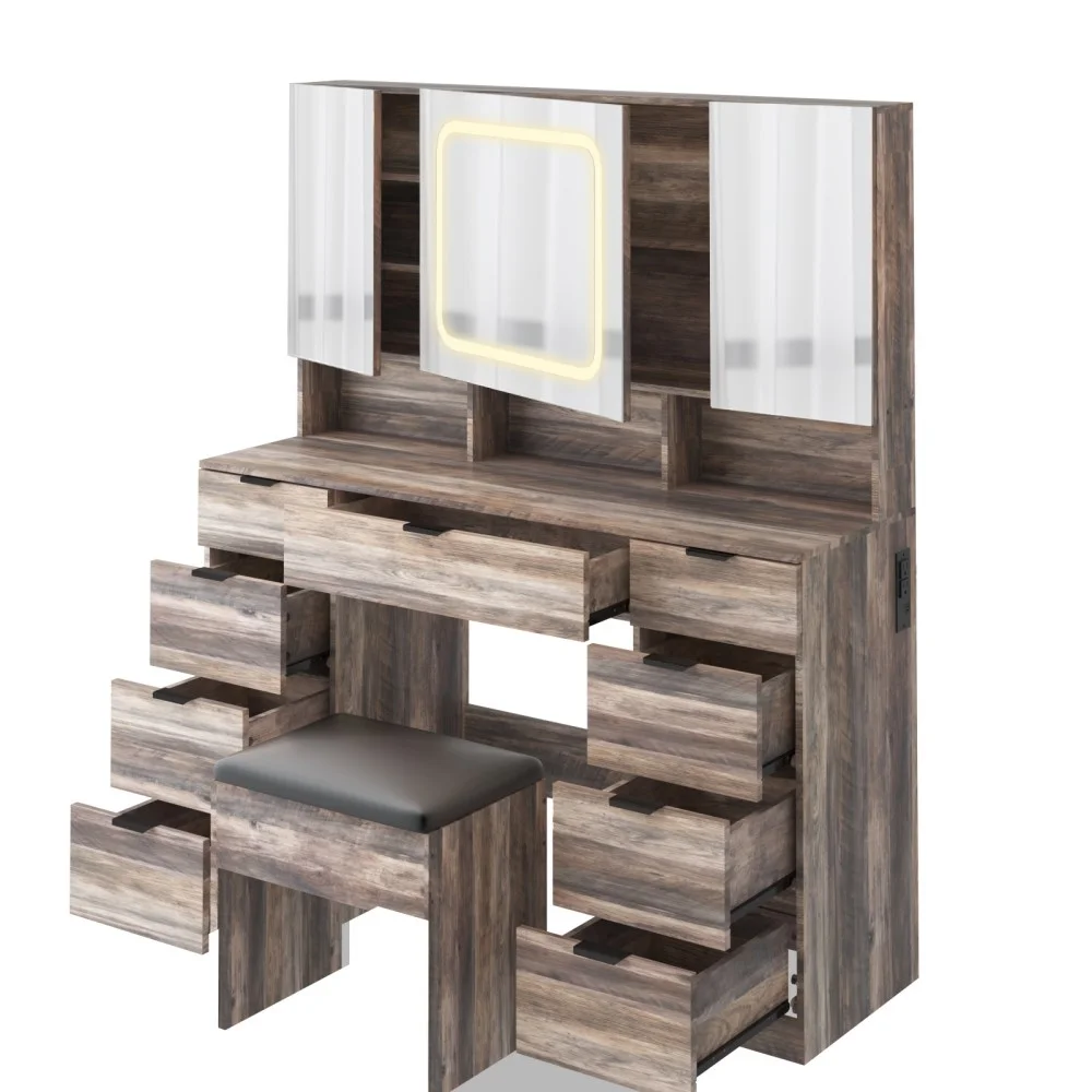 IVV Vanity Desk Set with Large LED Lighted Mirror & Power Outlet, Makeup Dressing Table with 9 Drawers and 3 Cabinets in Mirrored Doors, 47