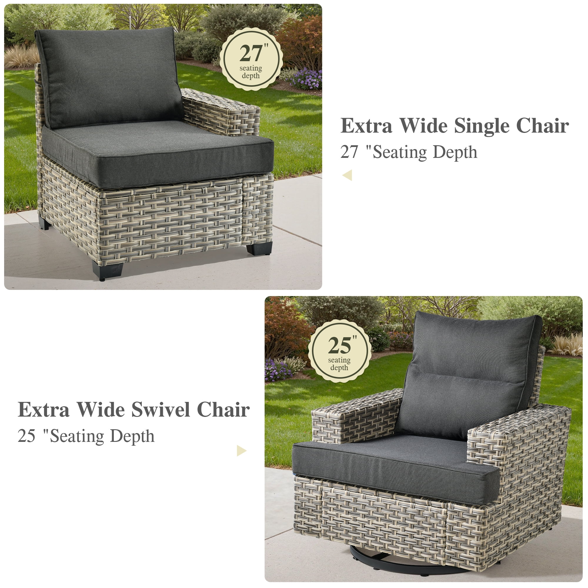 Ovios 10 Pieces Outdoor Patio Furniture Modern High-Back All-Weather Wicker Sectional Conversation Set with Propane Fire Pit Table & Swivel Chair, Dark Gray