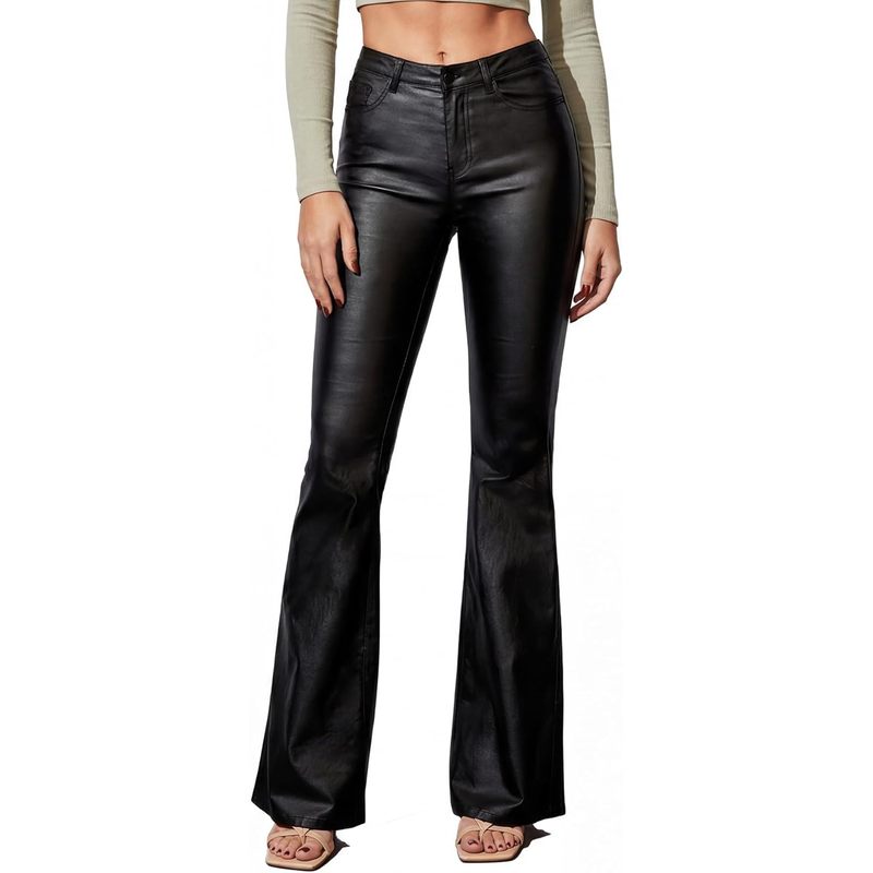 Women's Faux Leather Coated Flare Pants Mid Waist Black