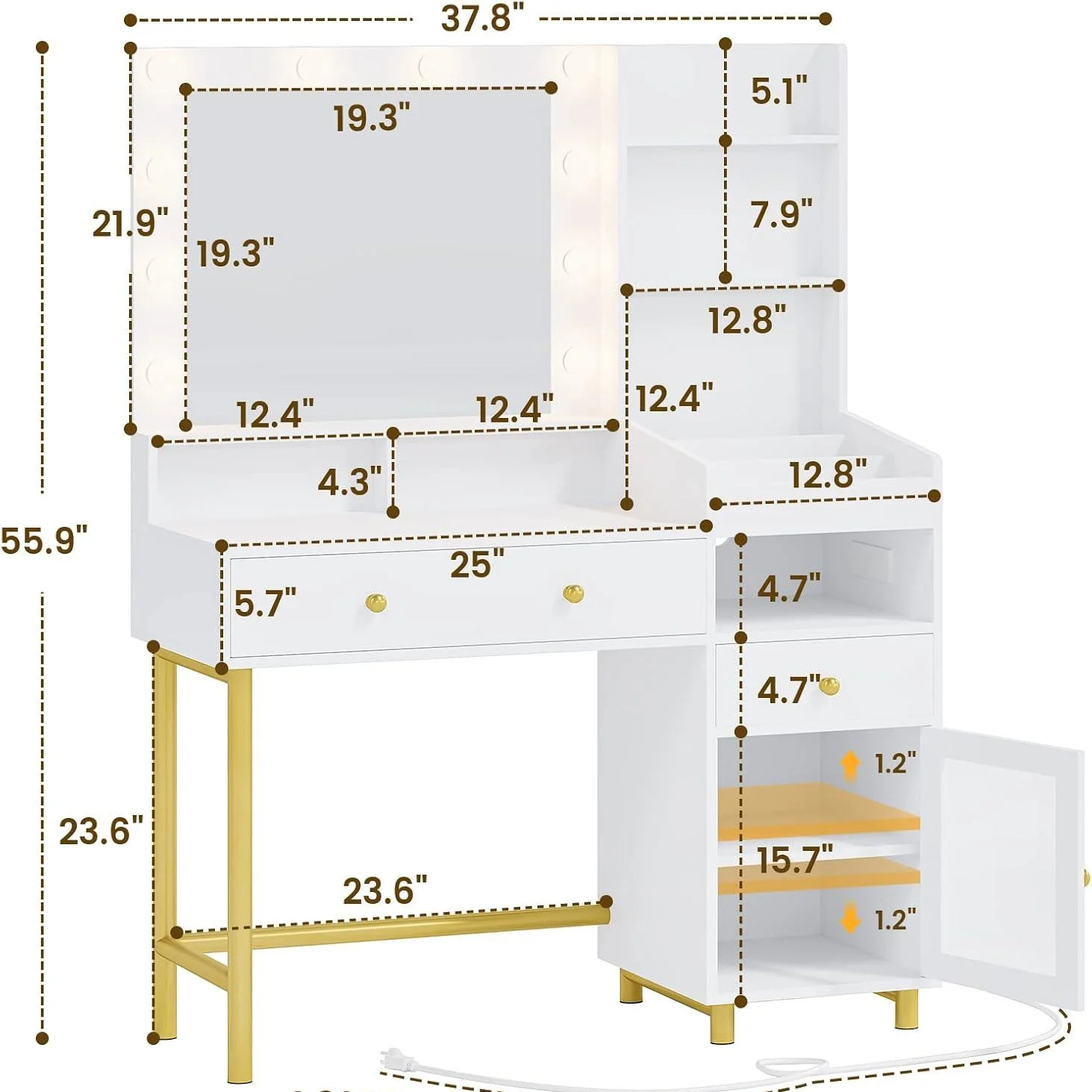 AOGLLATI Makeup Vanity Desk with Mirror & Lights in 3 Colors White Dressing Table with Charging Station & Unique Separation Design