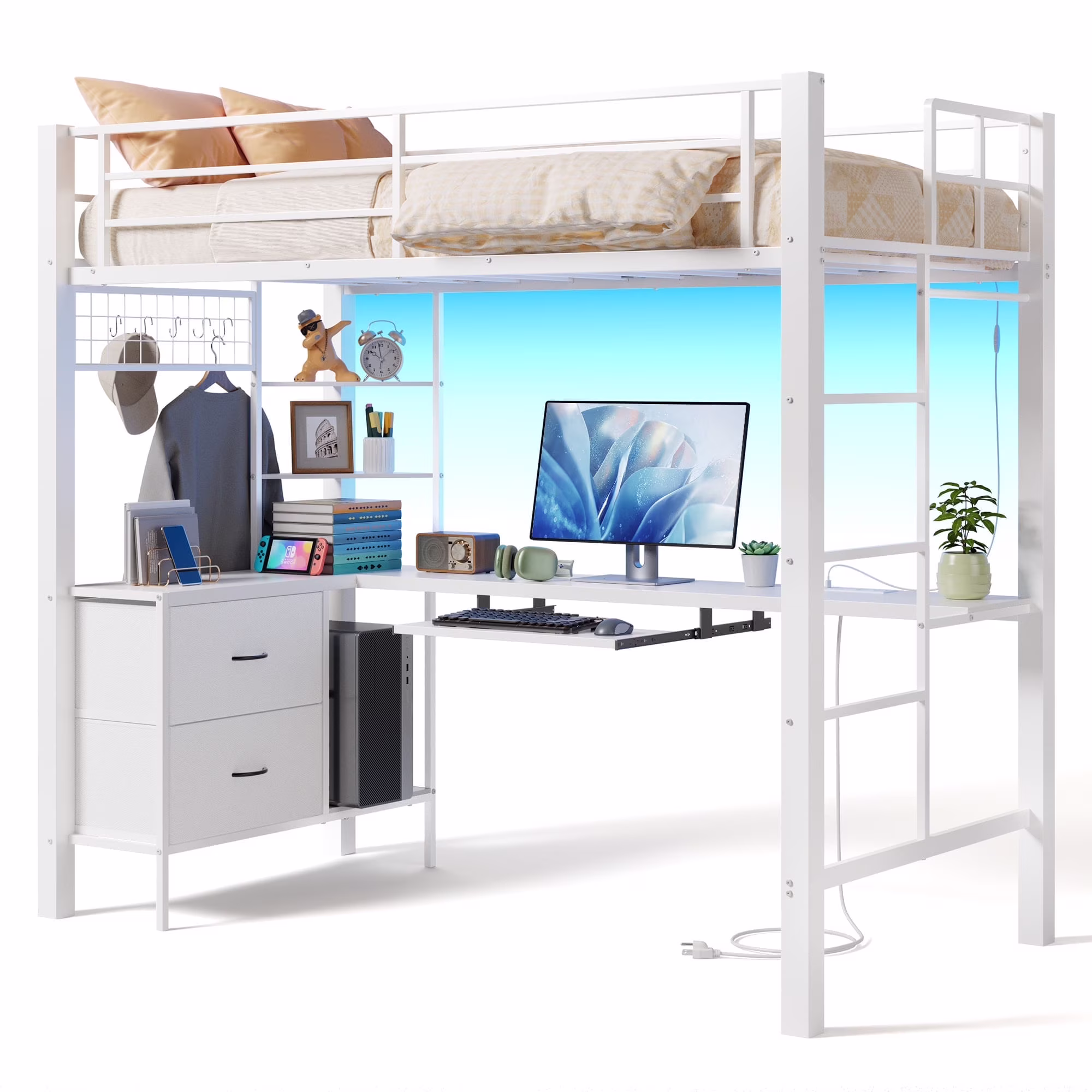 Loft Bed Frame with L-Shaped Writing Desk with Storage Drawers and Shelves, Lofka Twin Metal Bed with LED Lights and Charging Station, Retro Brown Board