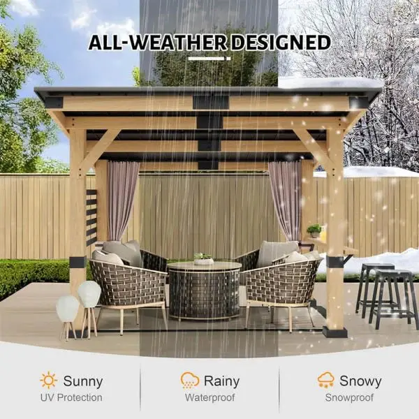 10 ft x 12 ft Cedar Hardtop Gazebo – All-Season Wooden Structure with Metal Roof & Back Curtains (Model SAK57184)