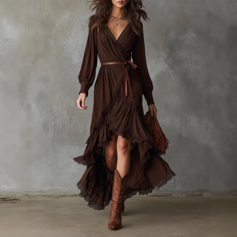 Wrap V Neck High Low Maxi Dress Long Puff Sleeve Eyelet Lace Trim