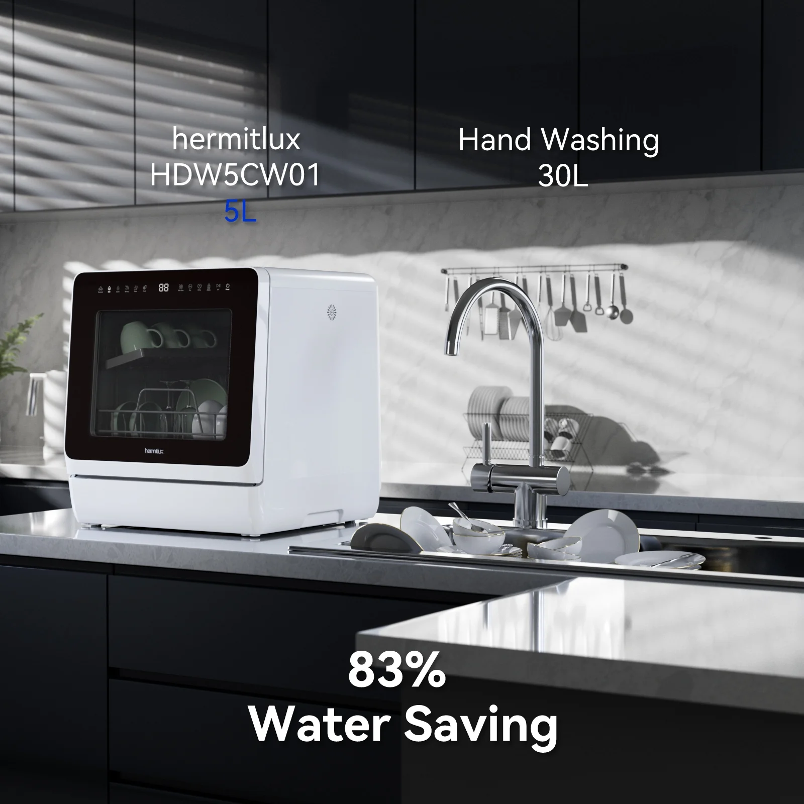 Hermitlux Portable Countertop Dishwasher, 5 Washing Programs, 5L Built-in Water Tank and Air-Dry Function, HMX-DW03