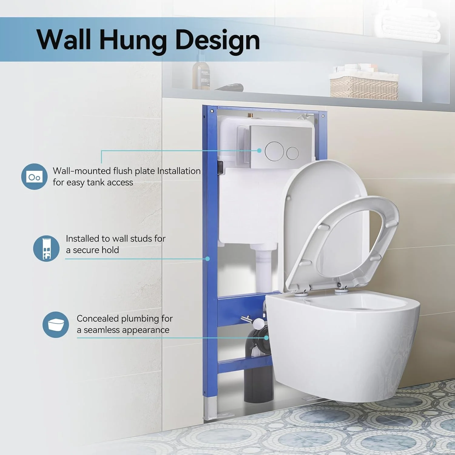 HOROW Wall Hung Toilet,with Soft Closing Seat,Round Floating Bowl, Rear Outlet Space Saving,White