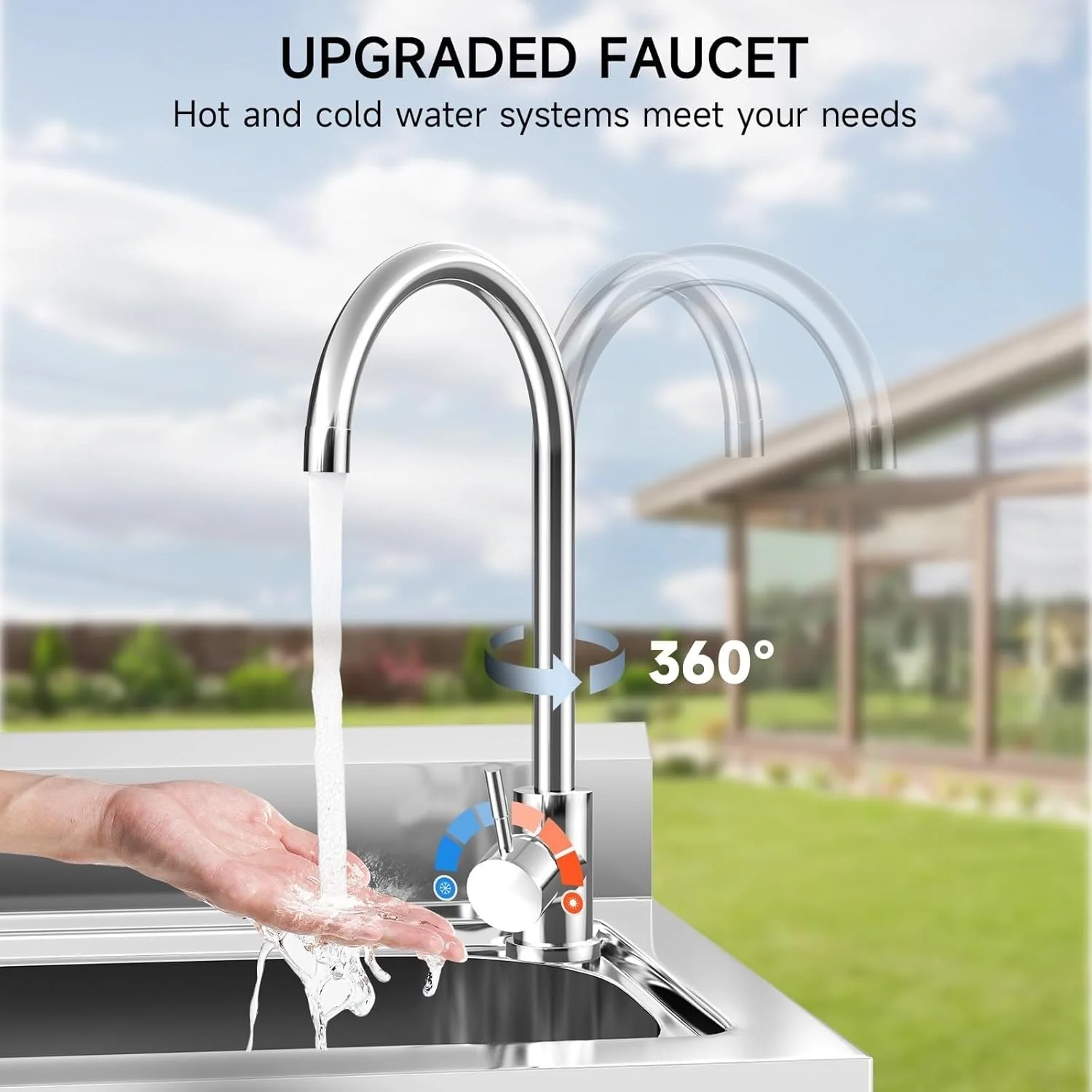 Free Standing Single Bowl Kitchen Sink, Stainless Steel Utility Sink with Cold and Hot Water Hose for Kitchen, Garage, Backyard