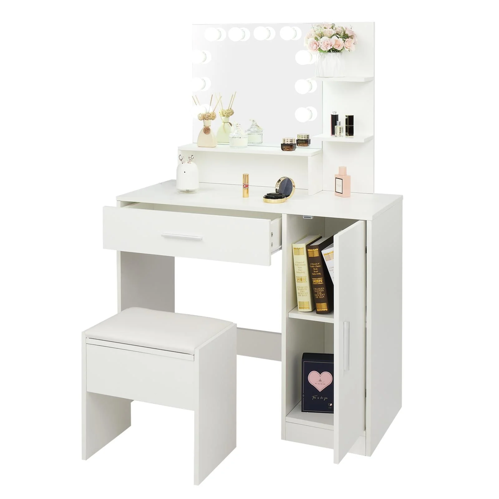 Ktaxon Vanity Set with 3 Color Lighted Mirror, Makeup Table with 3 Storage Shelves & Drawers, Dressing Table Makeup Desk with Stool,White