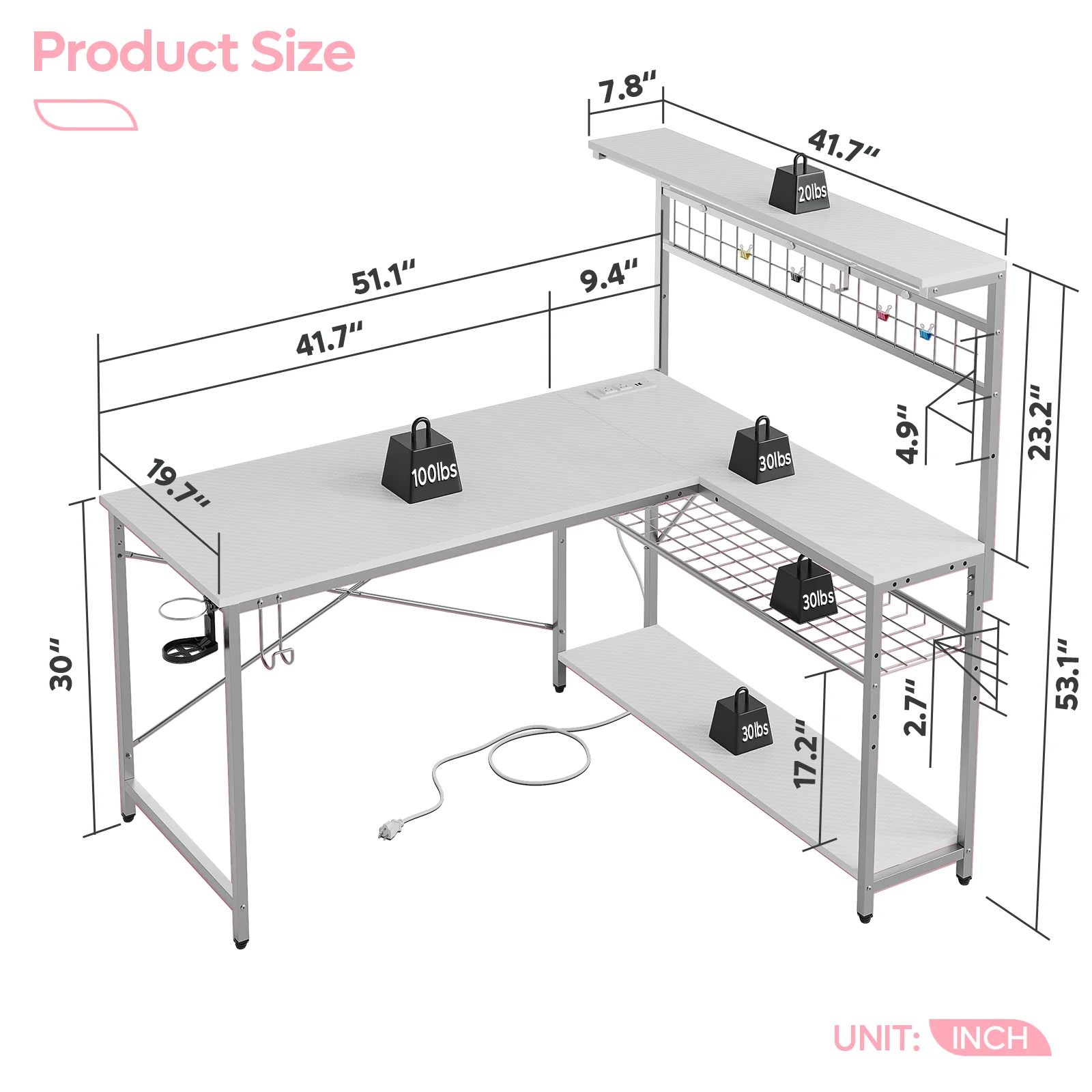 Bestier 51 L Shaped Gaming Desk with Power Outlets & LED Light, Computer Desk with 4 Tiers Shelves for Home Office, Reversible Gamer Table with Hooks and Cup Holder, Carbon Fiber