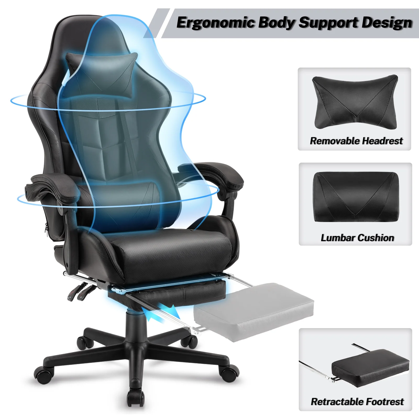 SOONTRANS Green Gaming Chair with Footrest, High Back Gamer Chair with Massage Lumbar Pillow, Gamer Computer Desk Chair (Green)