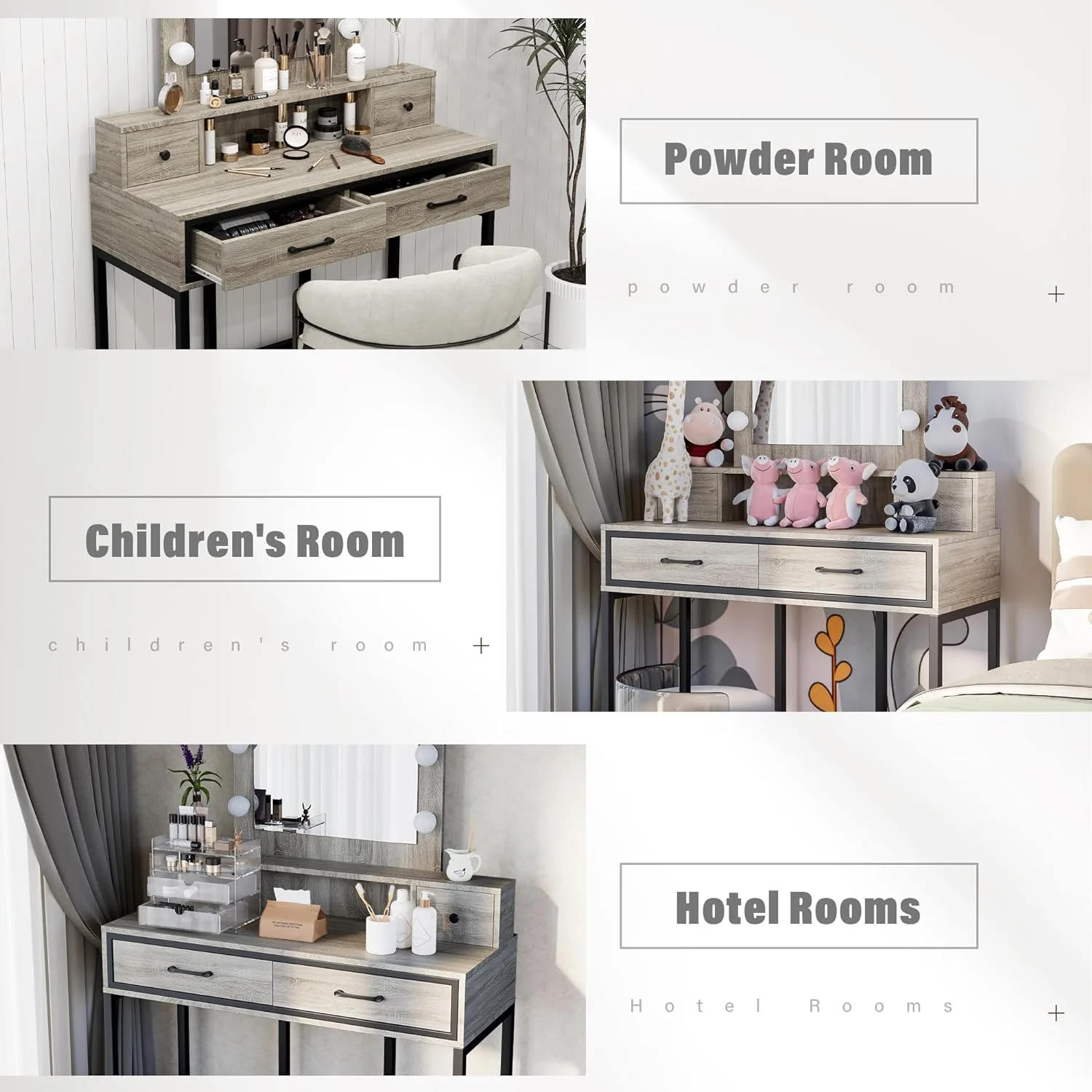 Heynemo Makeup Vanity with 3 Color Dimmable Lighted Hollywood Mirror, Vanity Table with 4 Drawers for Women Girls, Dressing Desk for Bedroom, Beauty Room, Brown