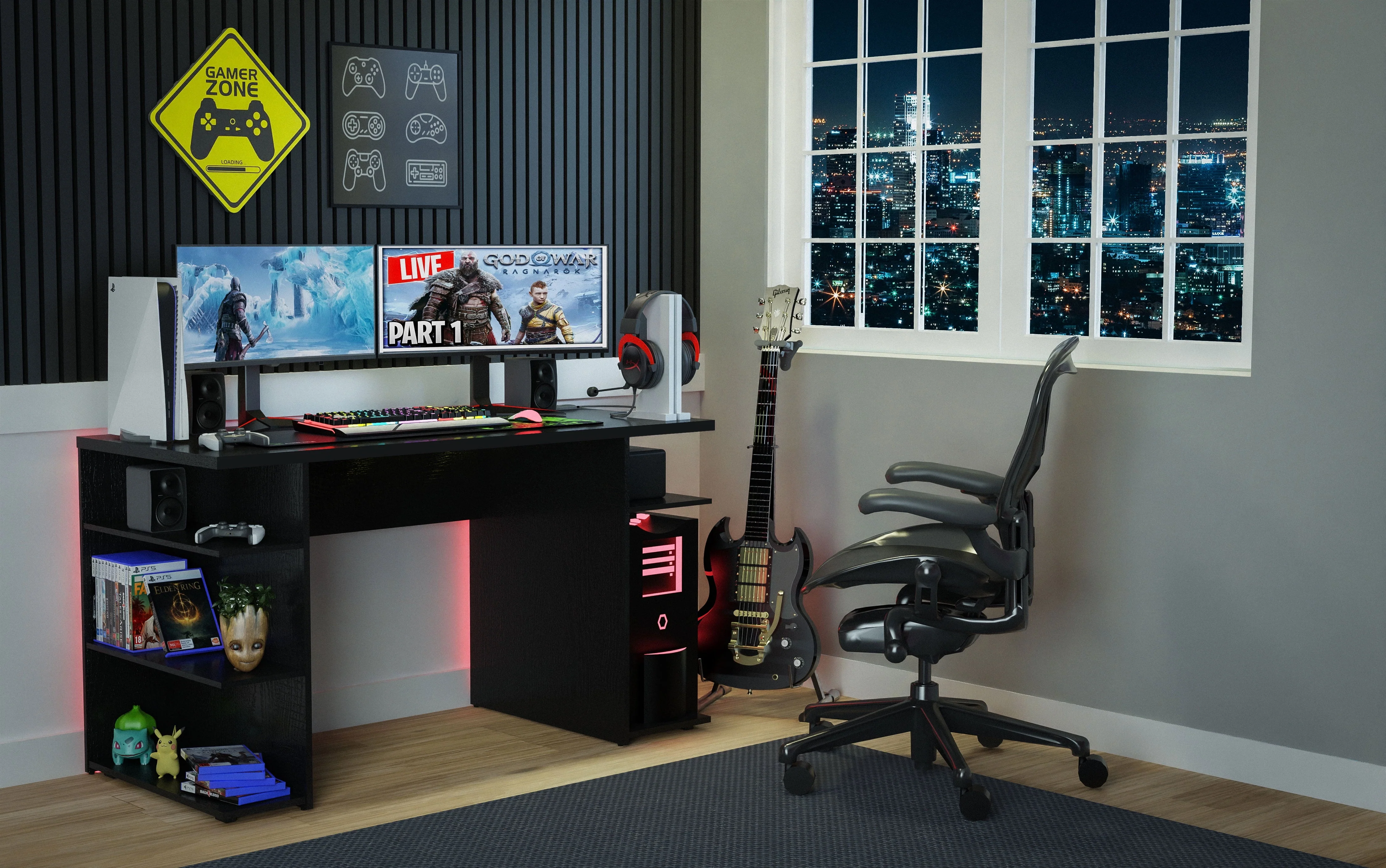 Madesa 53 inch Gaming Computer Desk with Shelves, Home Office Desk Writing Workstation, Wood - Black