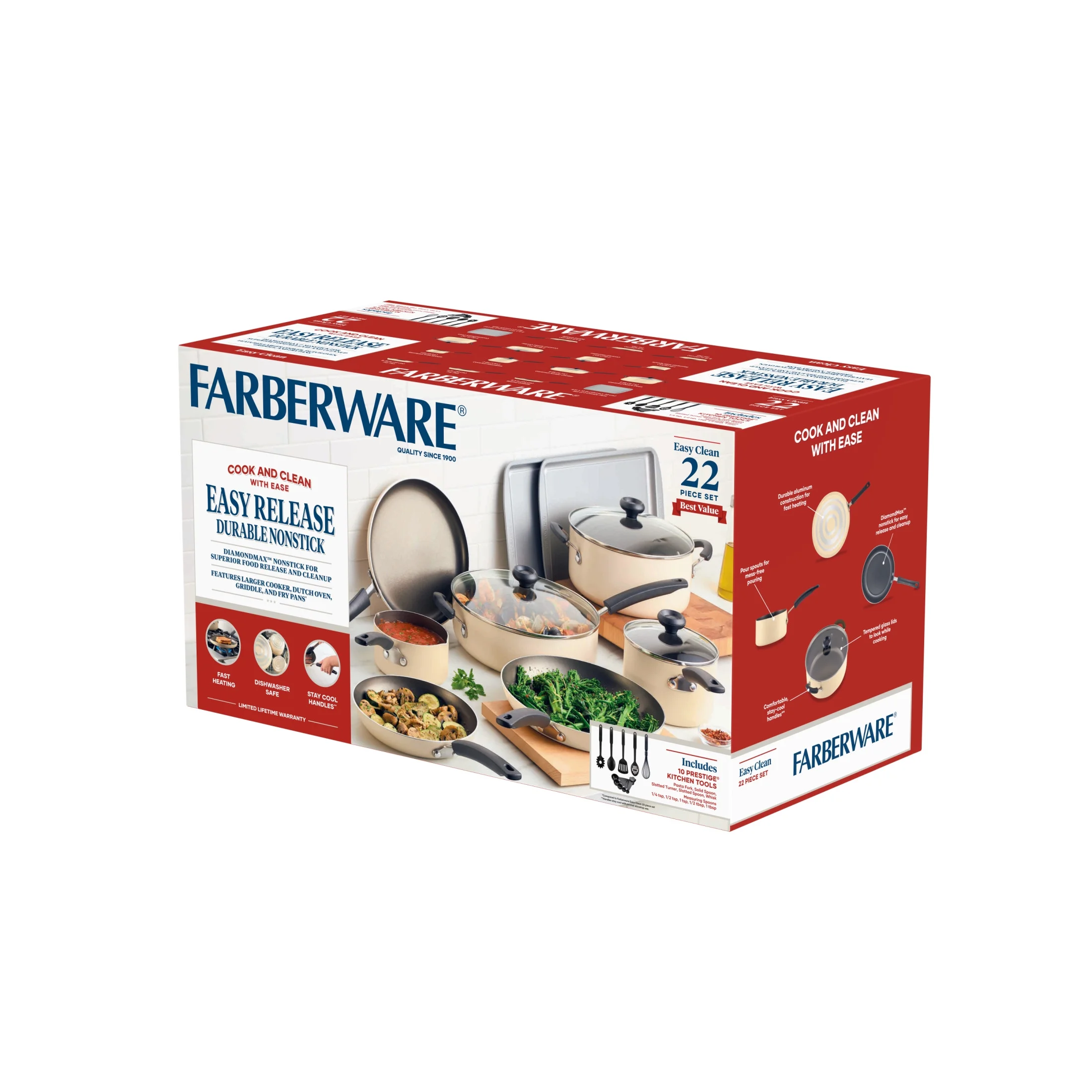 Farberware Easy Clean 22 Pcs Nonstick Cookware Set Includes Griddle Pan and Cooking Tools, Dishwasher Safe, Black