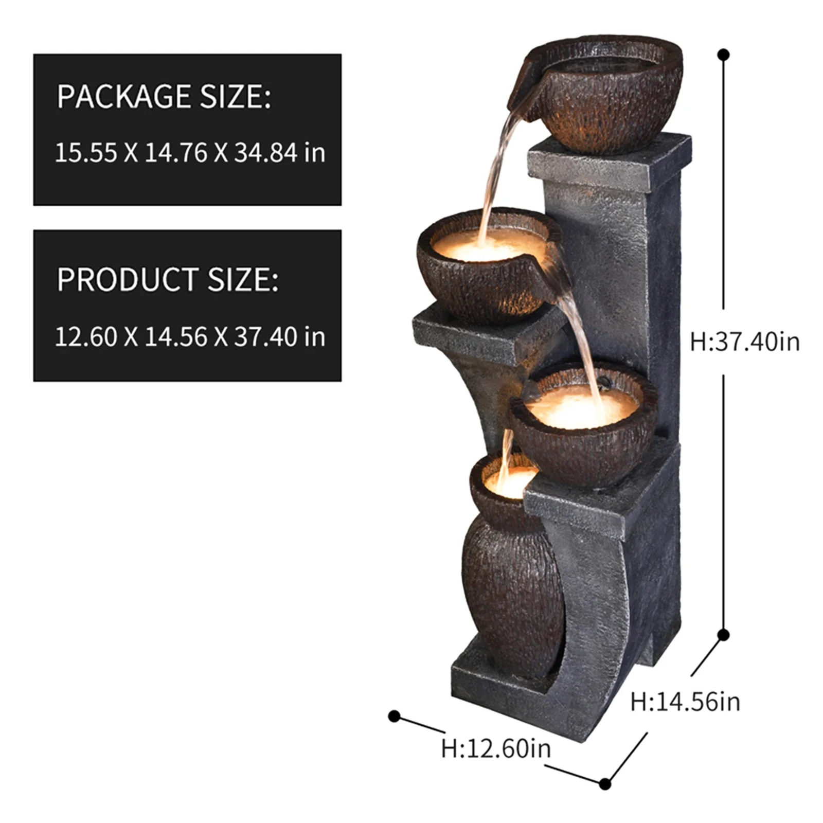 Outdoor Water Garden Fountain 37.40����H Waterfall Small Fountains Cascading Bowl and Jar Water Feature with LED Light for Backyard Patio Porch and Home Art Decor
