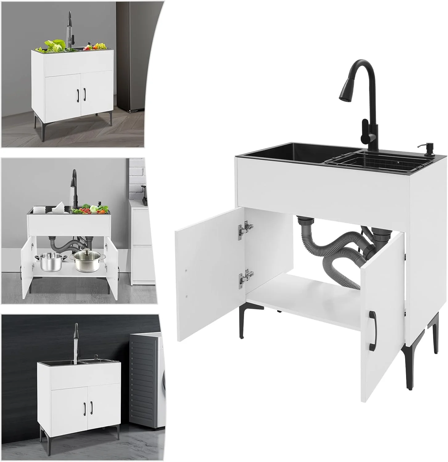 Laundry Sink with Cabinet & Pull-Out Faucet, Kitchen Sink Cabinet with Draining Basket, Stainless Steel Double Bowl Utility Sinks, Wash Station Tub for Kitchen, Laundry Room (Black)
