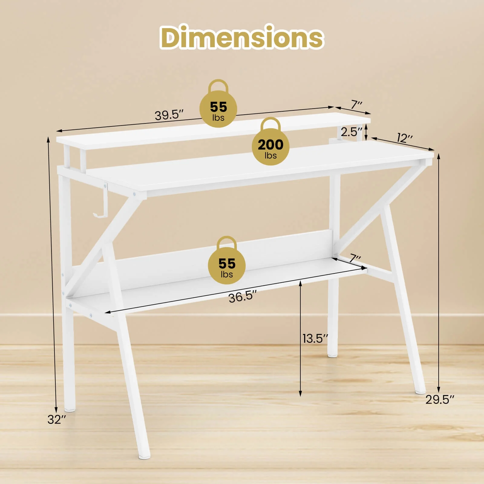 Costway Home Office Desk with Monitor Stand, Open Shelf & Metal Frame, Earphone Hook White