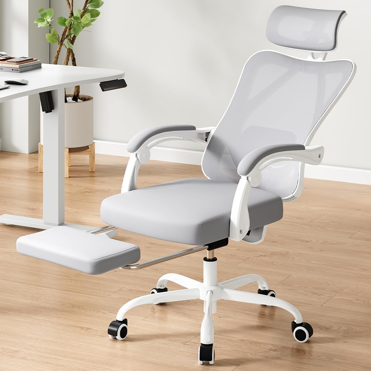 STARY Ergonomic Office Chair with Footrest, High Back Mesh Desk Chair with Adjustable Headrest & Lumbar Support, Comfortable Computer Chair for Home Office Study, White & Beige