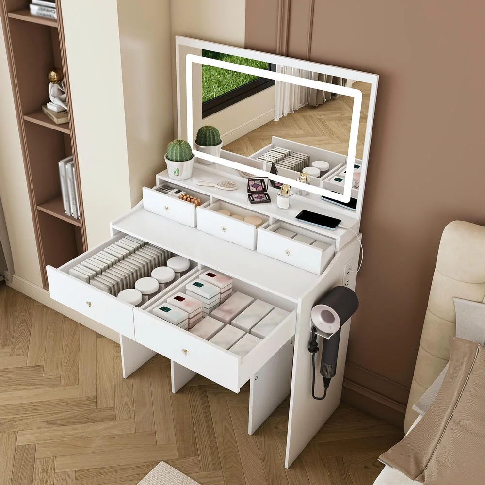 Kadyn Vanity Desk with Lighted Mirror, Vanity Table and Chair Set with 2 Drawers, Dressing Table Makeup Desk with 1 Door, Retro Gray