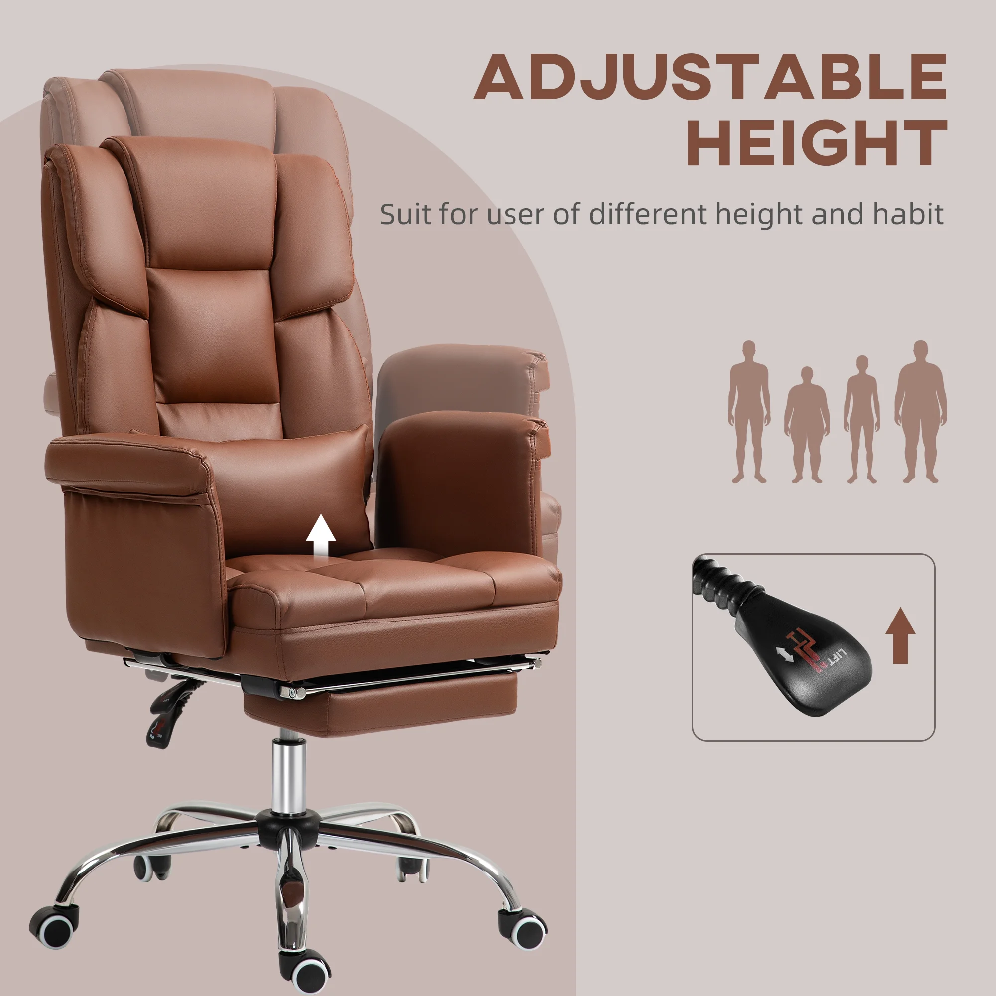 HOMCOM Executive Office Chair with Footrest and Lumbar Support, PU Leather Office Desk Chair, Ergonomic, Reclining and Swivel Chair, Black