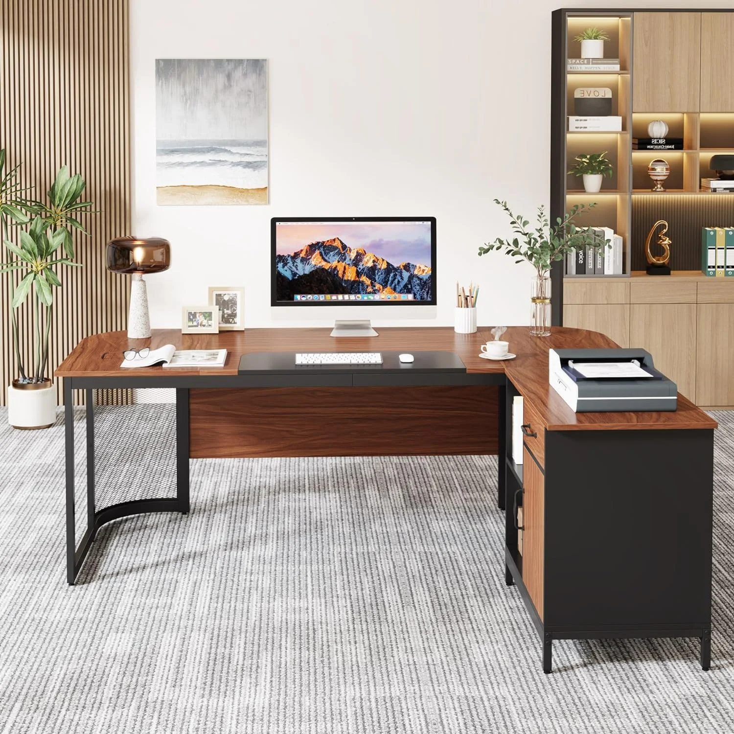 Tribesigns Executive L Shaped Office Desk with Drawer Cabinet, Brown/Black