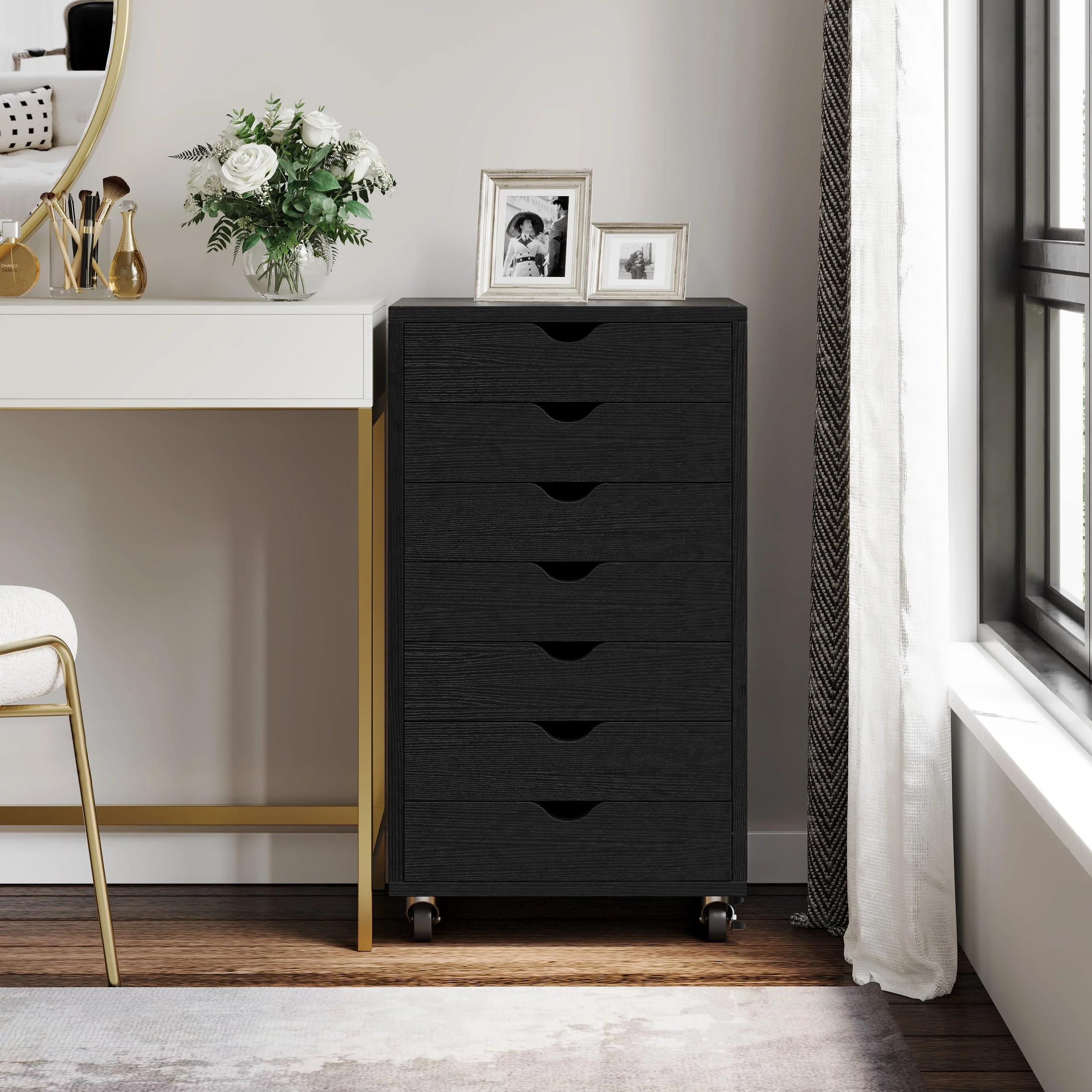 Dextrus 7-Drawer File Cabinets Office Wooden File Cabinet Chest Mobile Organizer Storage Rolling Storage Drawer Cabinet, Black