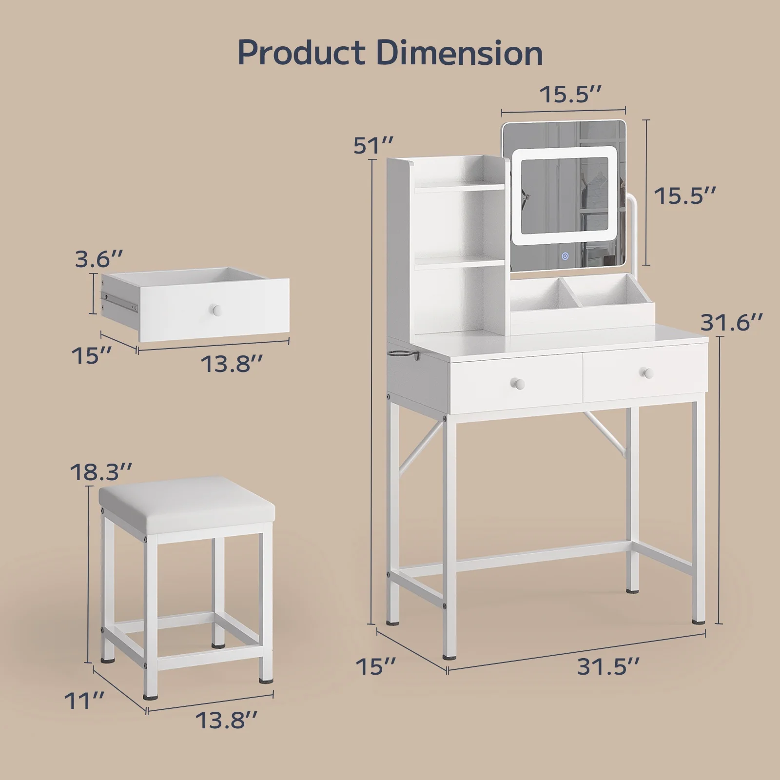 Asofer Vanity Desk with Mirror and Adjustable Light, White Makeup Vanity Set with 5 Drawers for Bedroom, Dressing Room