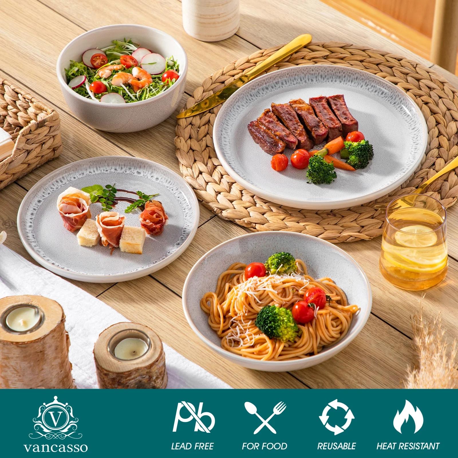 Malacasa 16 Pcs Dinnerware Sets For 4 people, Plates and Bowls Set, Stoneware Tableware Dishwasher Microwave Safe, Beige