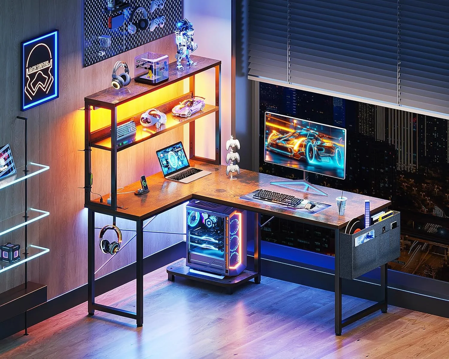 Gaming Desk with Power Outlets & LED Lights, 43 Inch Reversible L Shaped Computer Desk with Shelves & Storage Bag, Corner Desk for Home Office, Black