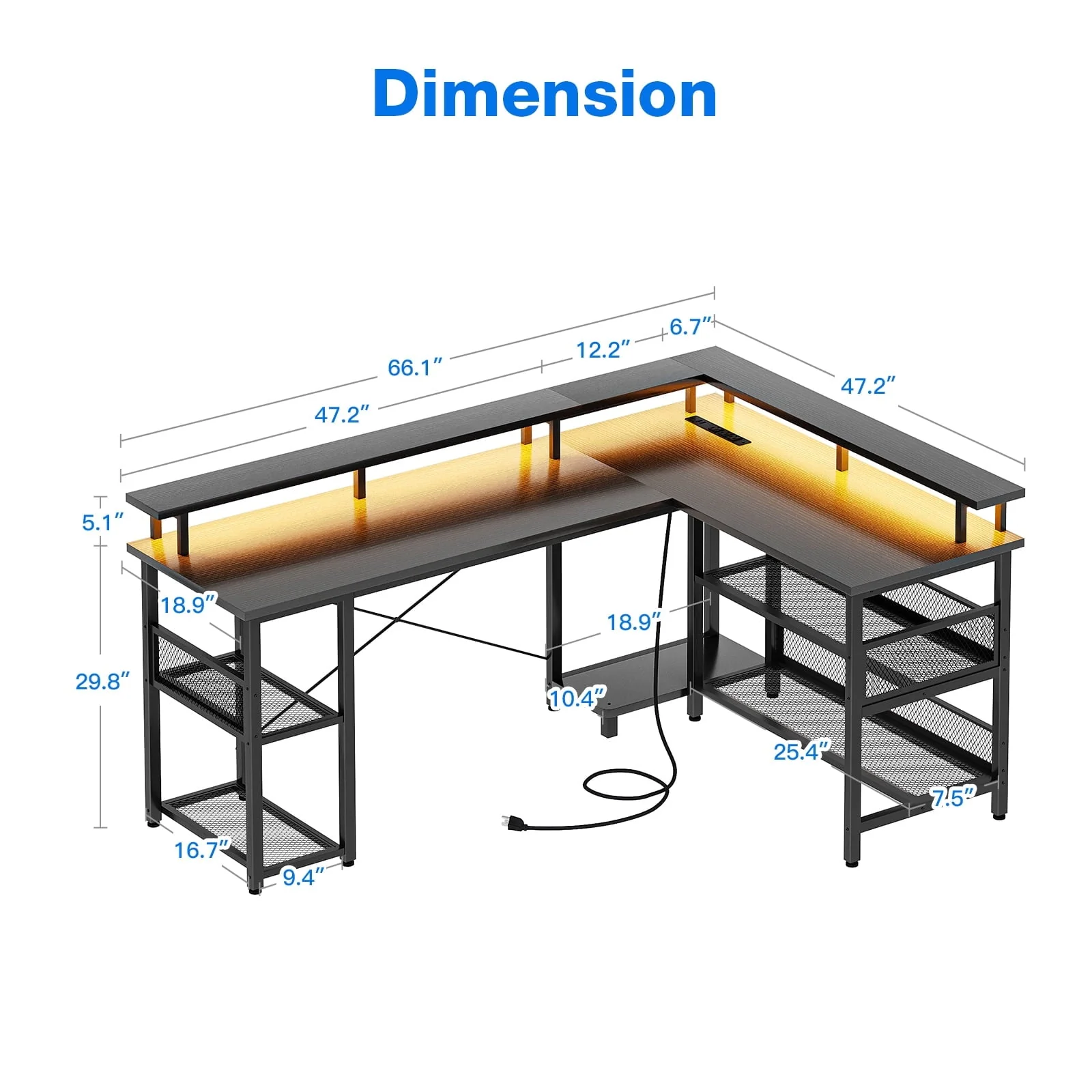 Reversible 59 inch L Shaped Computer Desk with LED Lights & Power Outlet,  Gaming Table with Full Monitor Stand, Corner Desk with Storage Shelves, Black