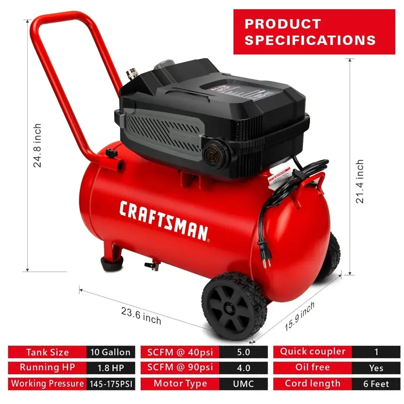 10-Gallon Oil-Free Air Compressor – 1.8 HP. 175 PSI. 4.0 CFM@90 PSI. Portable w/ Large Wheels