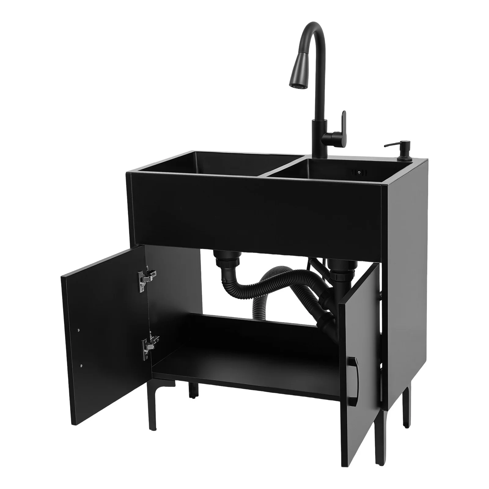 Laundry Sink with Cabinet & Pull-Out Faucet, Kitchen Sink Cabinet with Draining Basket, Stainless Steel Double Bowl Utility Sinks, Wash Station Tub for Kitchen, Laundry Room (Black)
