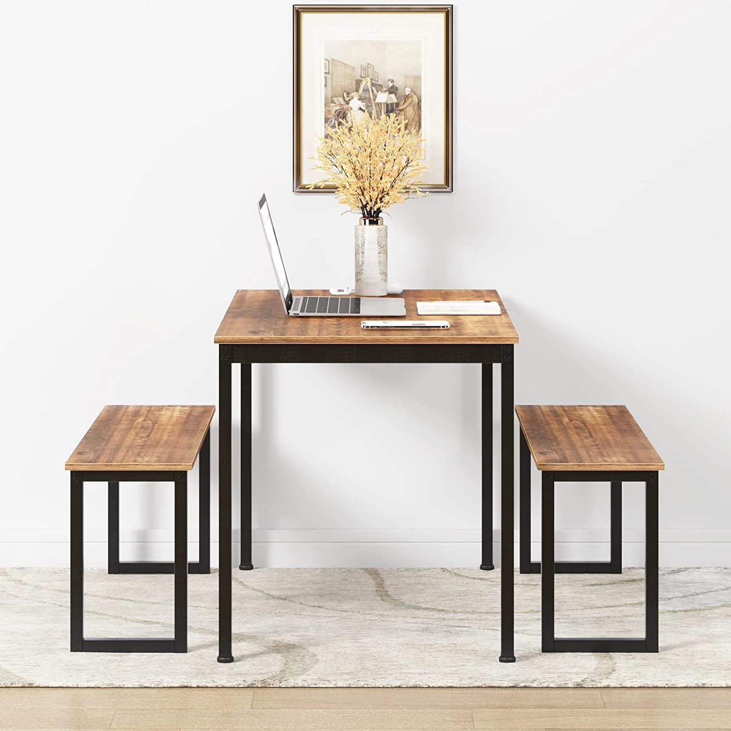 SOGES 3  Modern and Space-Saving Dining Table and Chairs Set ,Accommodates 4 Adults or 6 Children, High Scratch Resistance , Iron Frame ,Brown