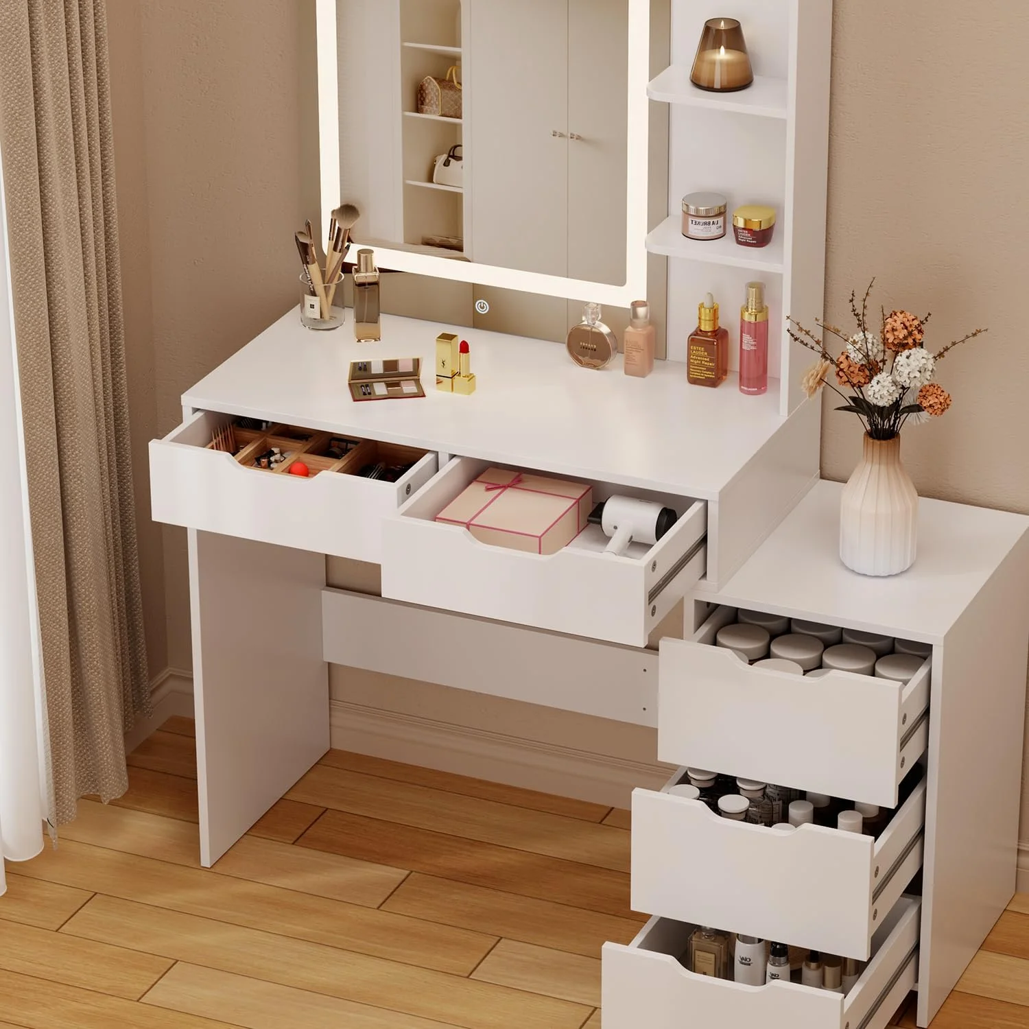 Makeup Vanity Desk with Mirror and Lights, 43.5�� Vanity Table with 5 Drawers & Storage Shelves, White