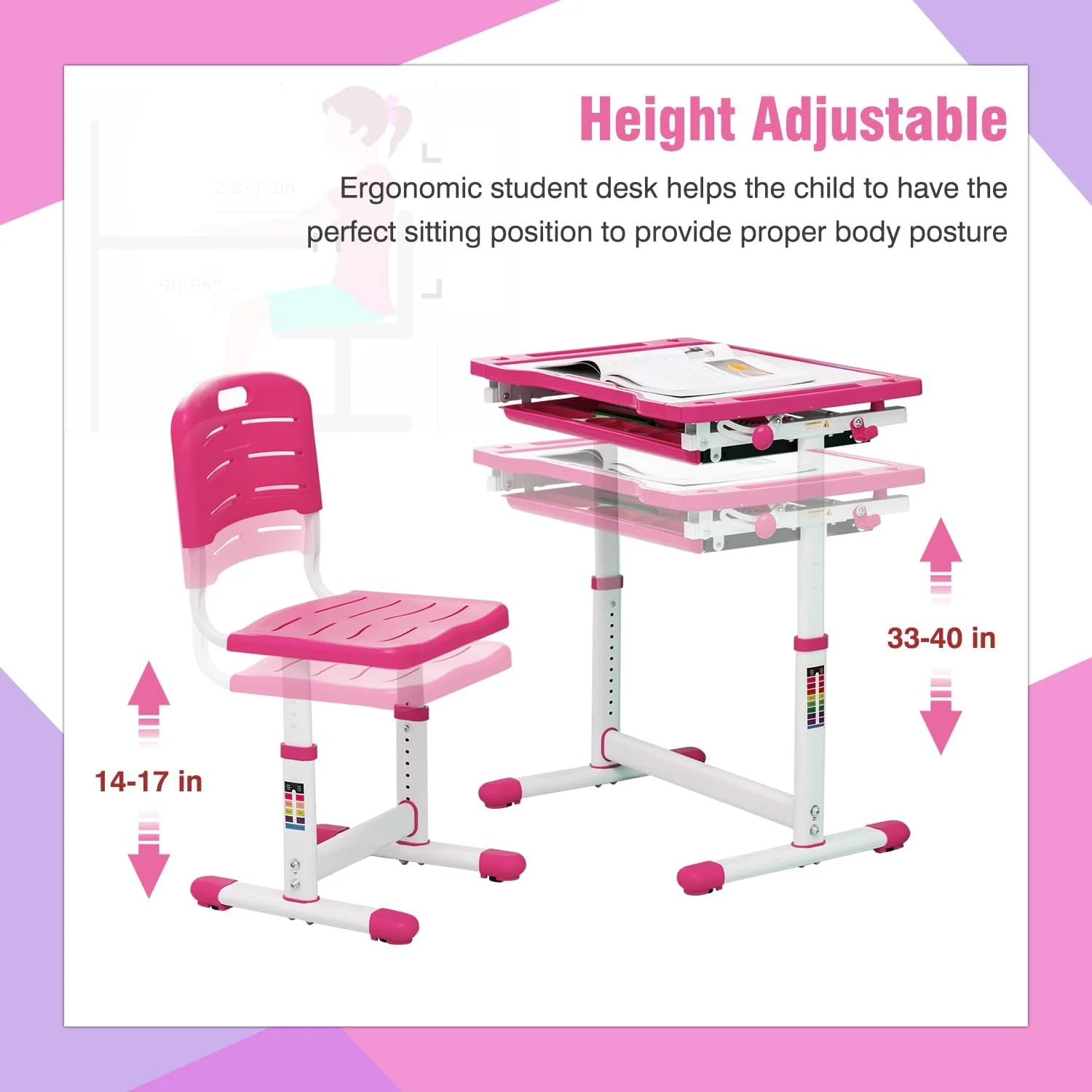 PayLessHere Kids Desk and Chair Set,Height Adjustable with Pull Out Drawer Storage,Pink