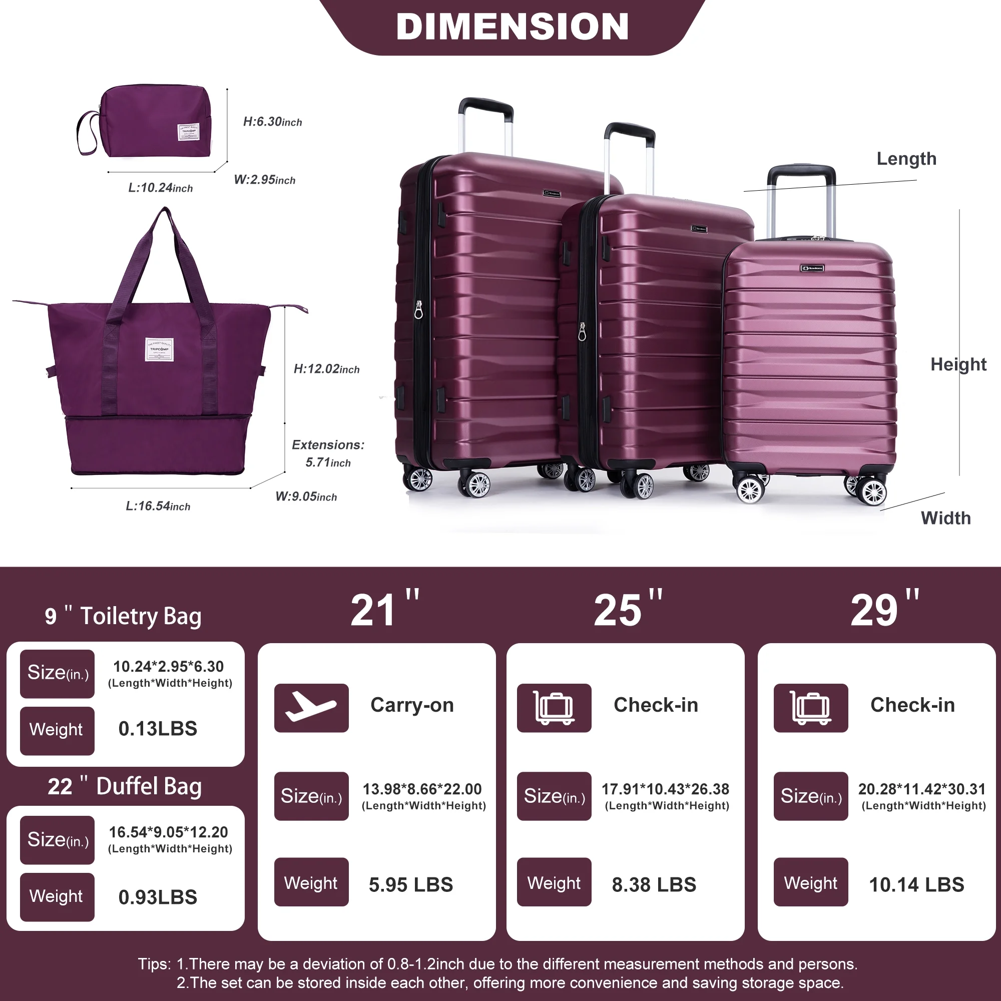 Tripcomp Luggage Sets 5 Piece Duffel Bag,Hardside Travel Luggage (20/24/28) with TSA Lock,Expandable Suitcase with Spinner Wheels.(Black)