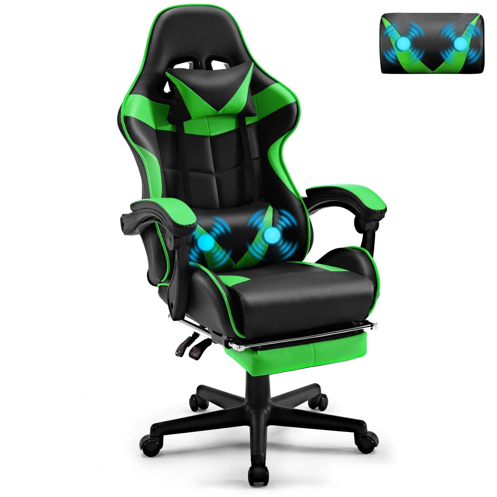 SOONTRANS Green Gaming Chair with Footrest, High Back Gamer Chair with Massage Lumbar Pillow, Gamer Computer Desk Chair (Green)