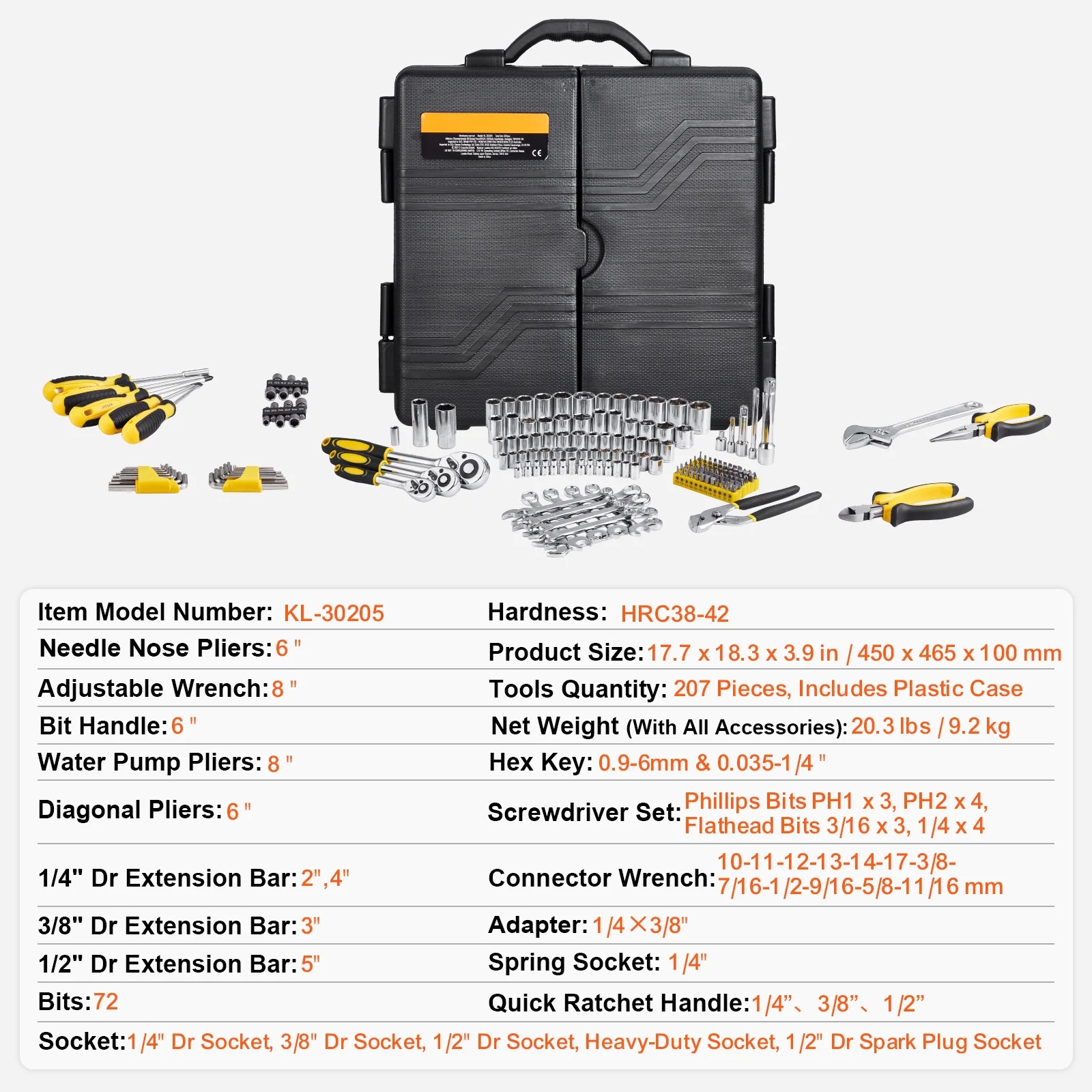 KFFKFF 207-Component Mechanics Tool Set and Socket Set, 1/4