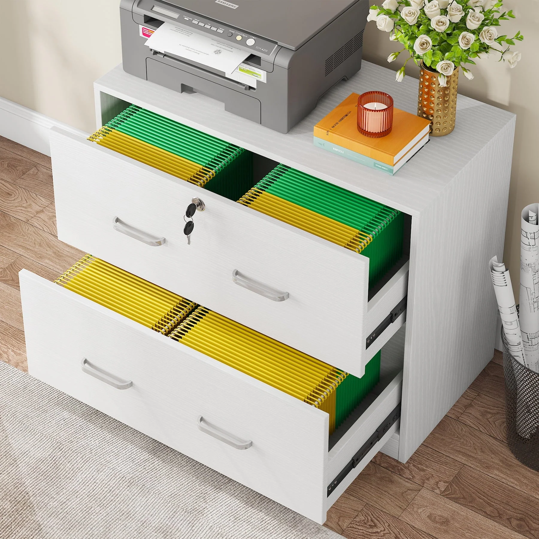 Tribesigns 2-Drawer Lateral File Cabinet for Hanging Letter/Legal/F4/A4 Size Files, White Wood Filing Cabinet with Lock